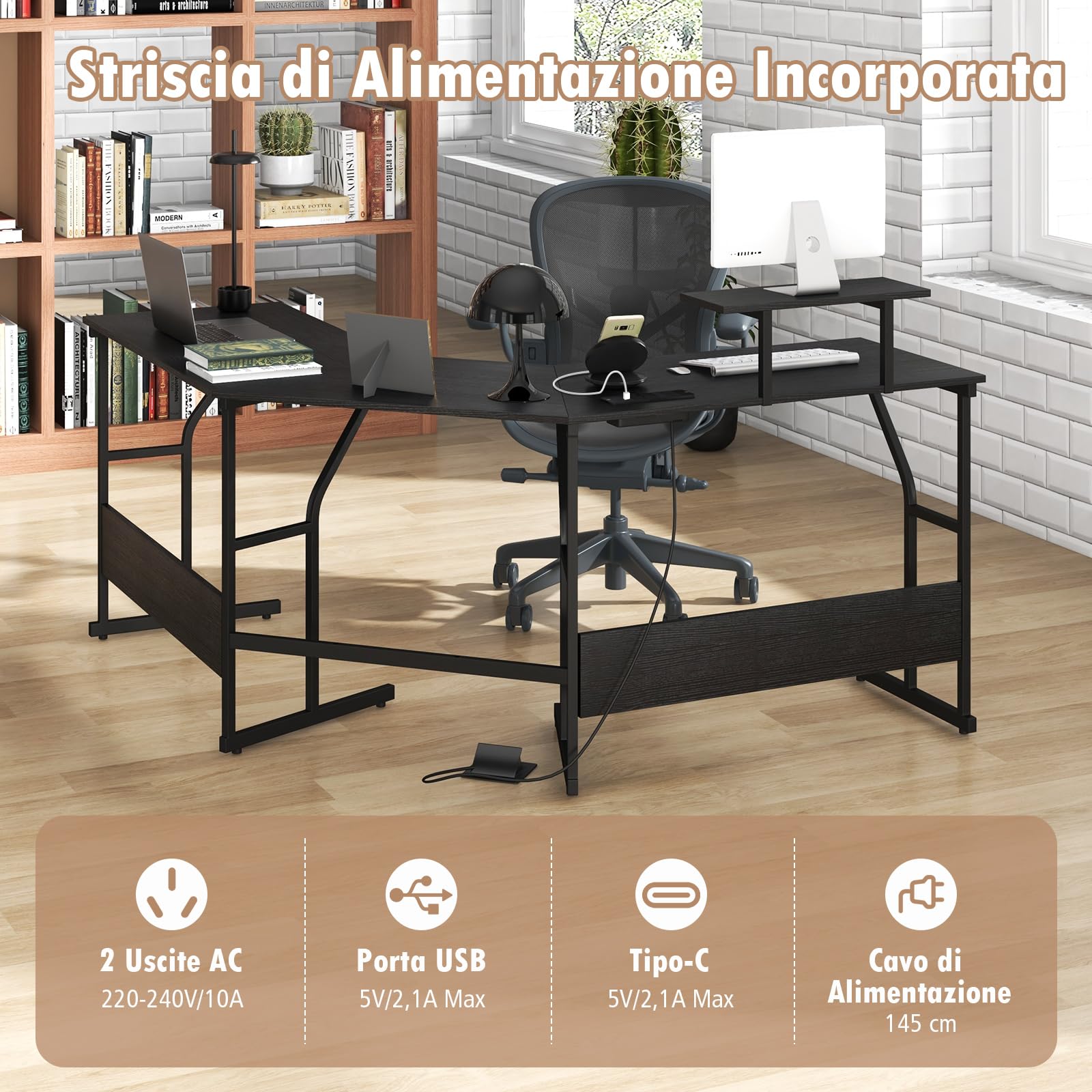 COSTWAY Scrivania ad Angolo a Forma di L con Presa Elettrica, Scrivania Angolare per Computer con Supporto Monitor Movibile, 225cm Postazione da Lavoro per 2 Persone per Lavoro e Gioco (Nero)