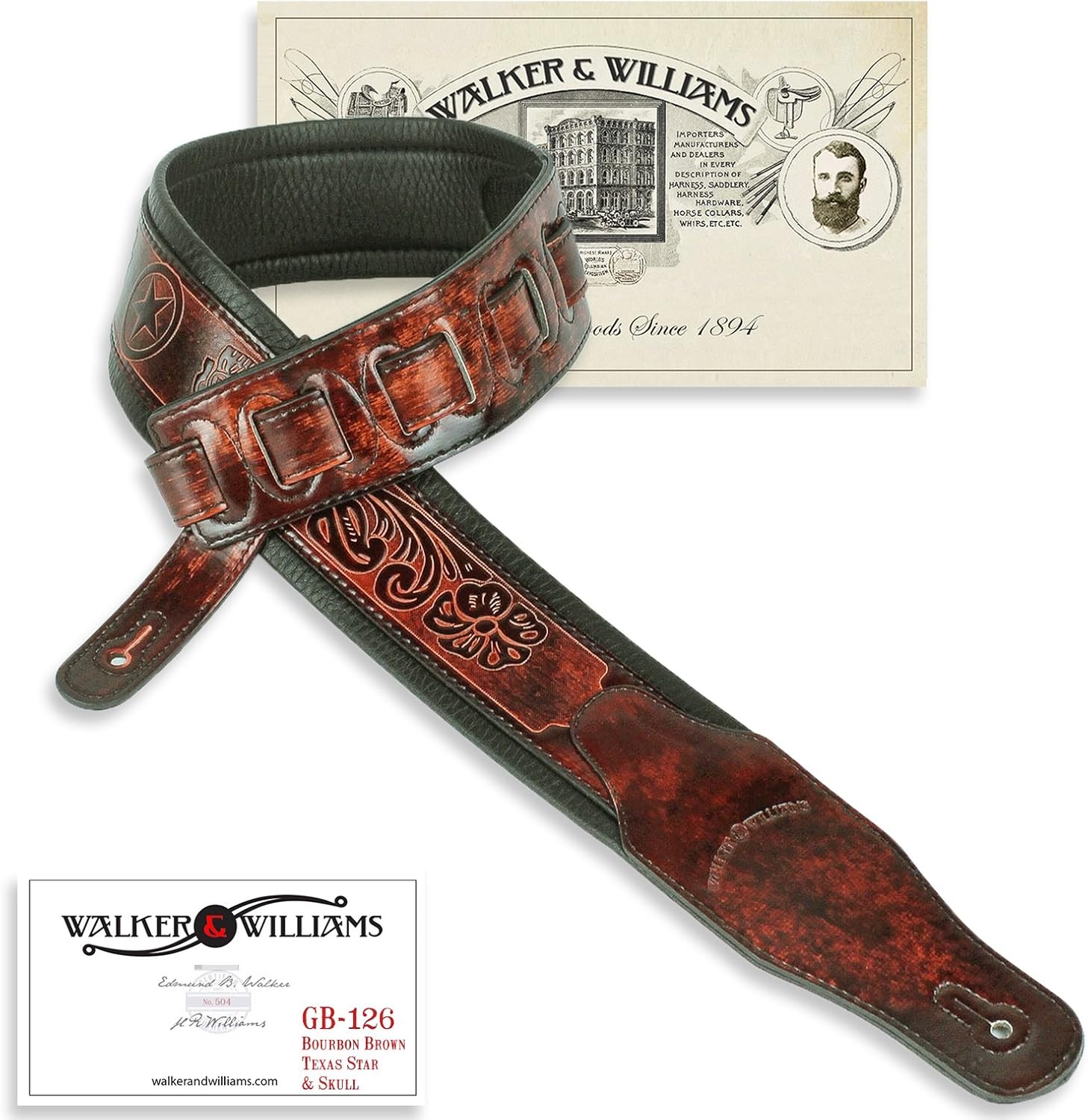 Walker & Williams GB-126 Bourbon Brown Padded Guitar Strap Texas Stars & Skulls