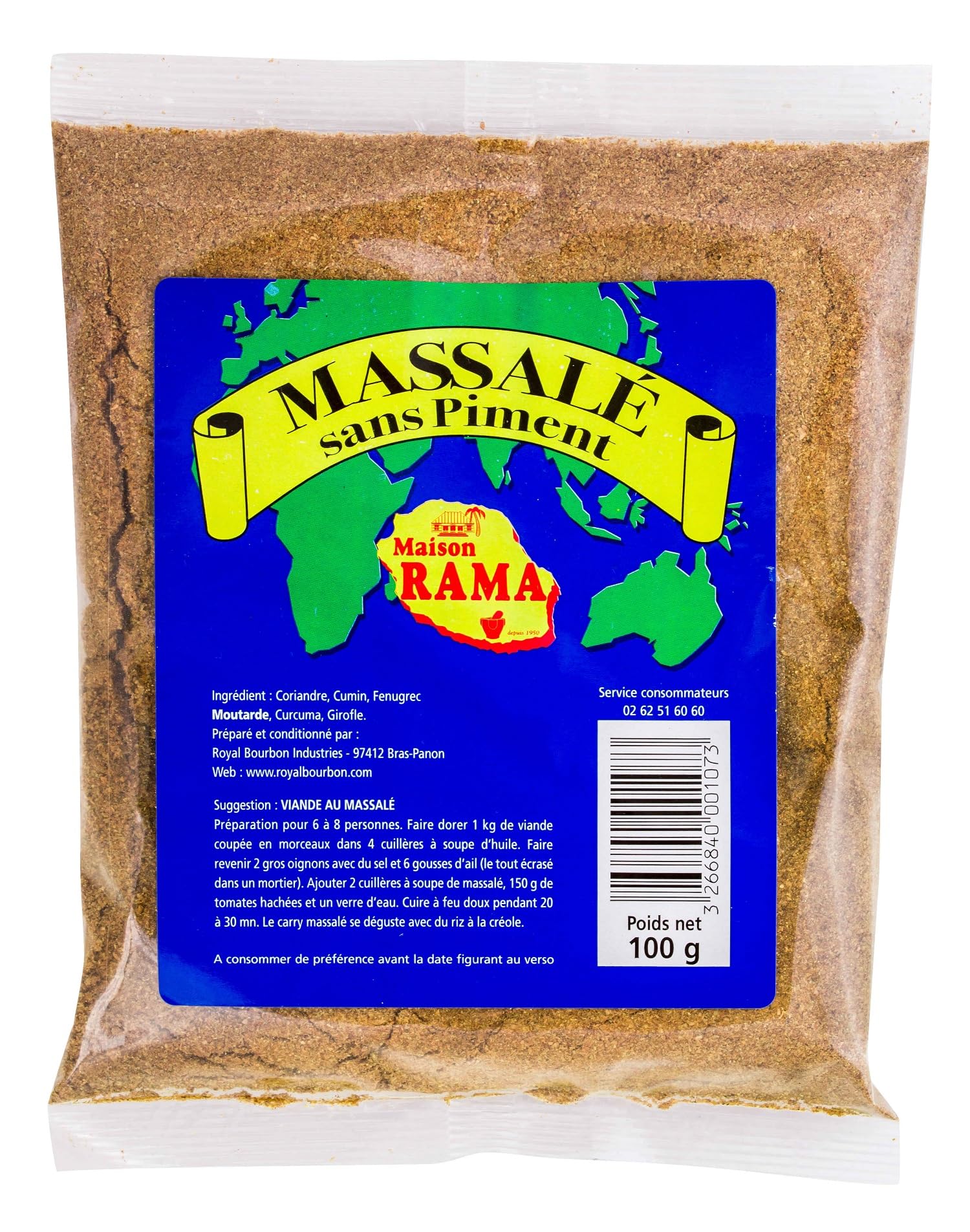 MAISON RAMA - Ile de la Réunion - Epices : (Lot de 3, Massalé sans piment sachet 100g)