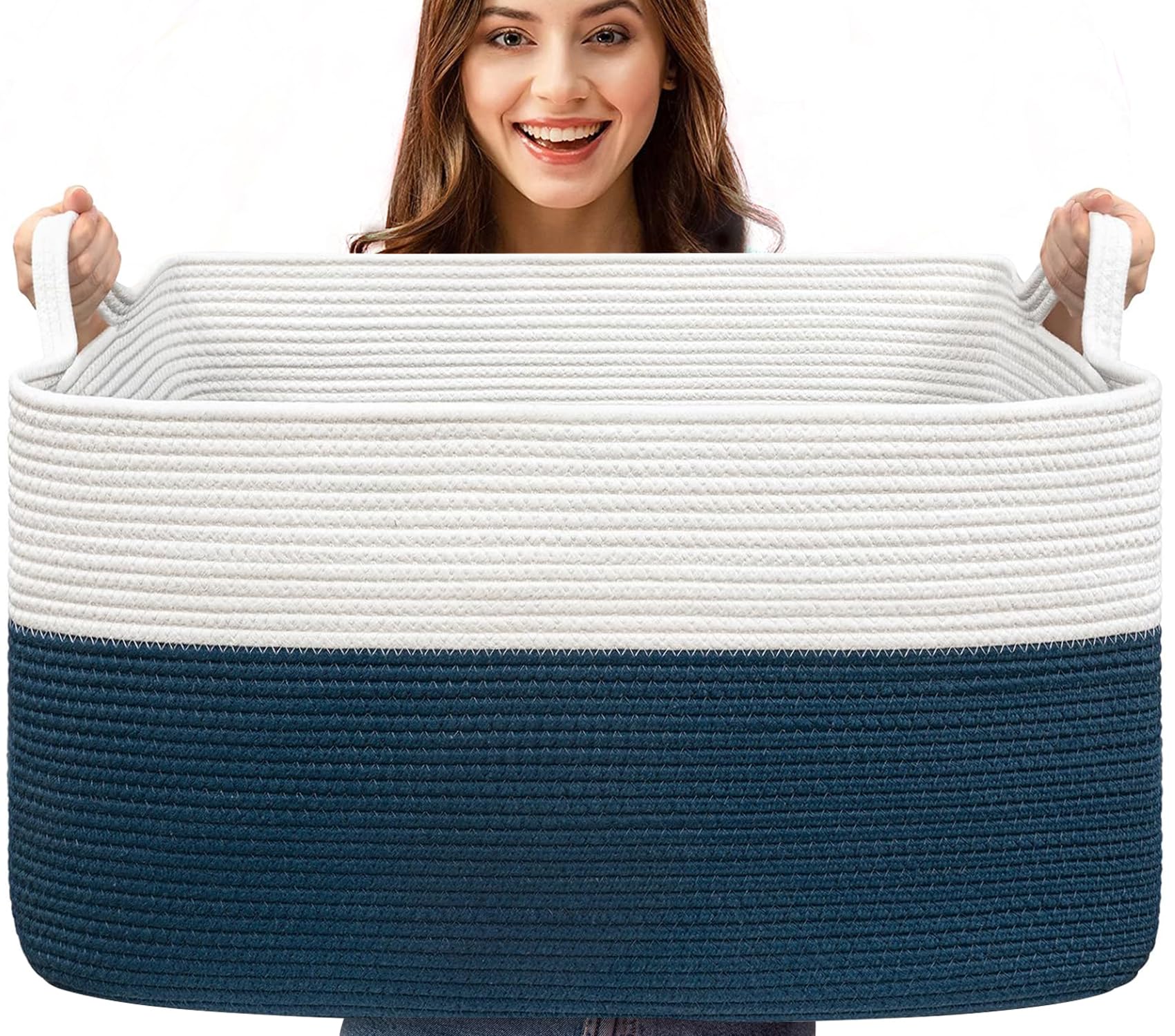 Esteopt 85L Extra Large Storage Baskets with Handles - Heavy Duty Cloth Foldable Organizer Box for Toys, Blankets, Seasonal Clothes - Collapsible Space Saving Design (60*40*35cm) (White Blue)