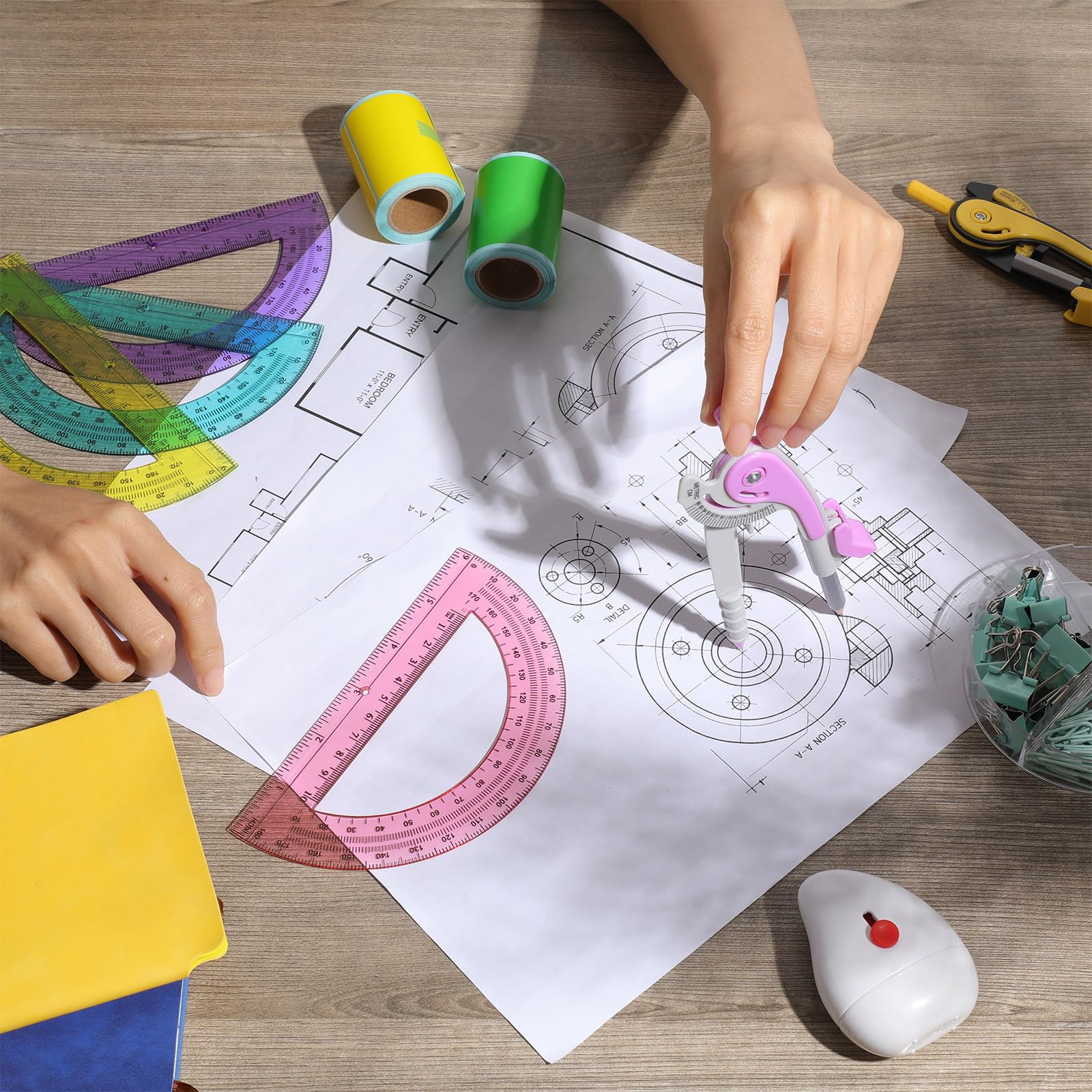 CHENGU Kompass- und Winkelmesser-Set, 48-teilig, Weihnachtsartikel, mehrfarbig, Kompass, Geometriewerkzeug, 15,2 cm, 180 Grad, Mathematik-Grafik-Zeichenwerkzeuge für Büro- und Schulbedarf (sechs