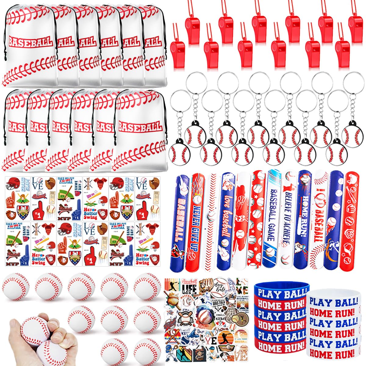 TYQSY 134 PCS Baseball Party Favors, 12 Set Goodie Bag, Mini Stress Balls, Baseball Stickers, Rubber Bracelets, Keychain, Tattoo Stickers, Slap