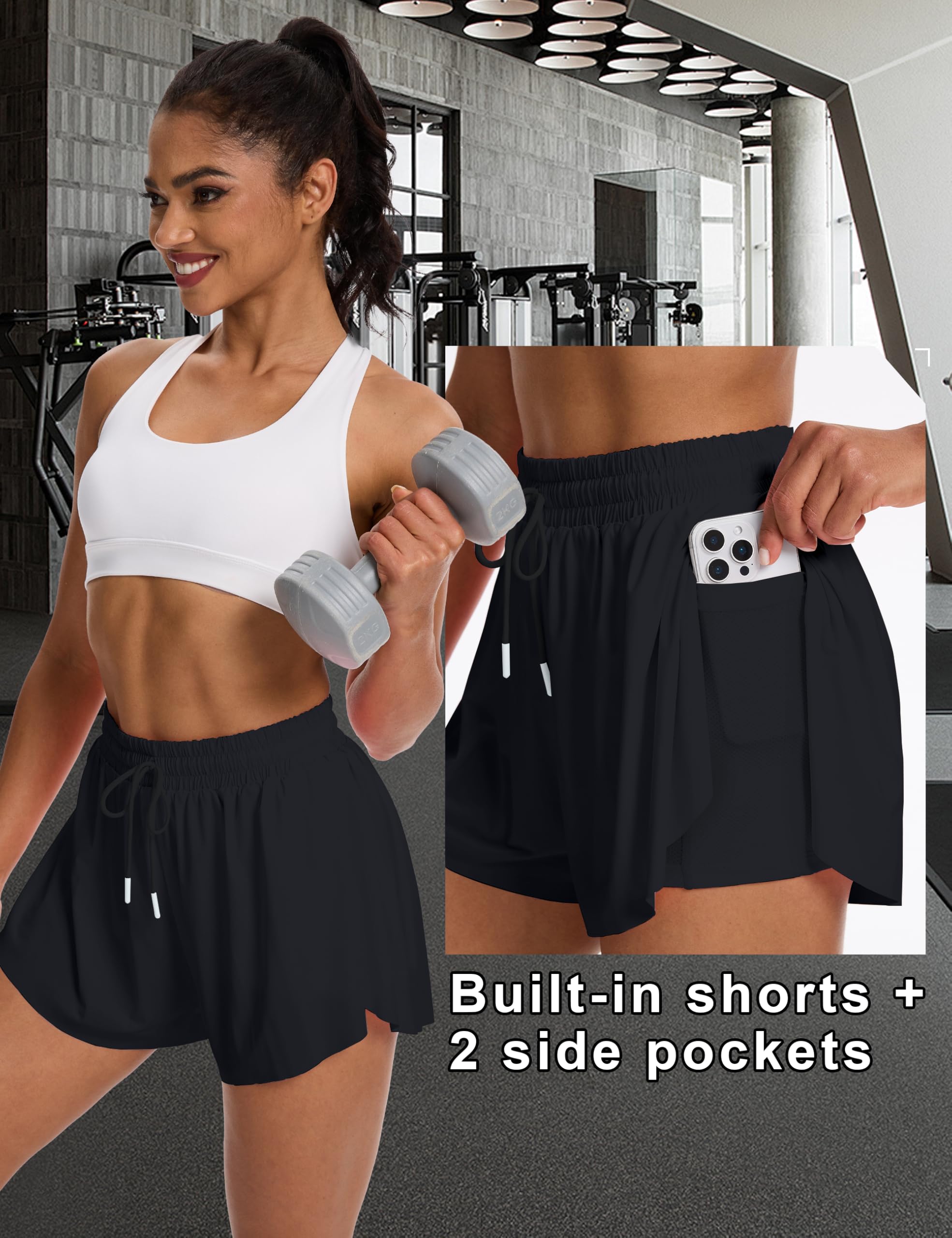 Laufshorts Damen kurz Sportshorts 2 in 1,Tennis Gym Fitness RunningShorts mit 2 Taschen, Damen Schwarze Shorts Workout Sportrock Elastischer Bund, mit Innenfutter