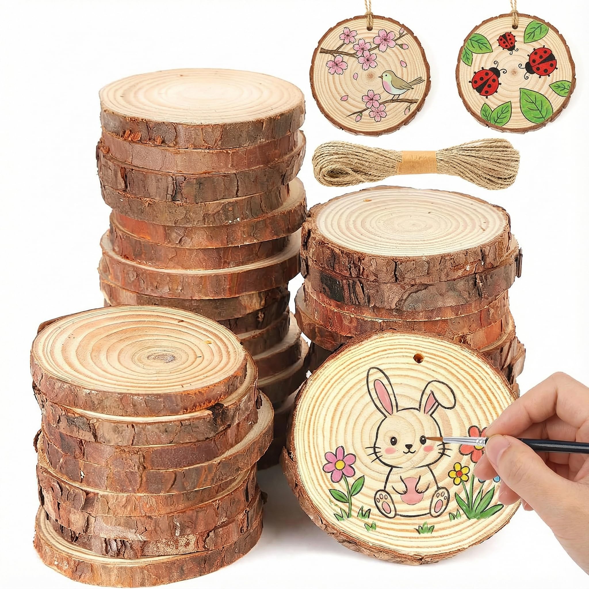 VGOODALL Wood Slices, 36 Pcs 7-8 cm Natural Pine Circles with String, Unfinished Wooden Discs for DIY Projects, Rustic Wedding Decorations, Christmas Ornaments and Gift Tags