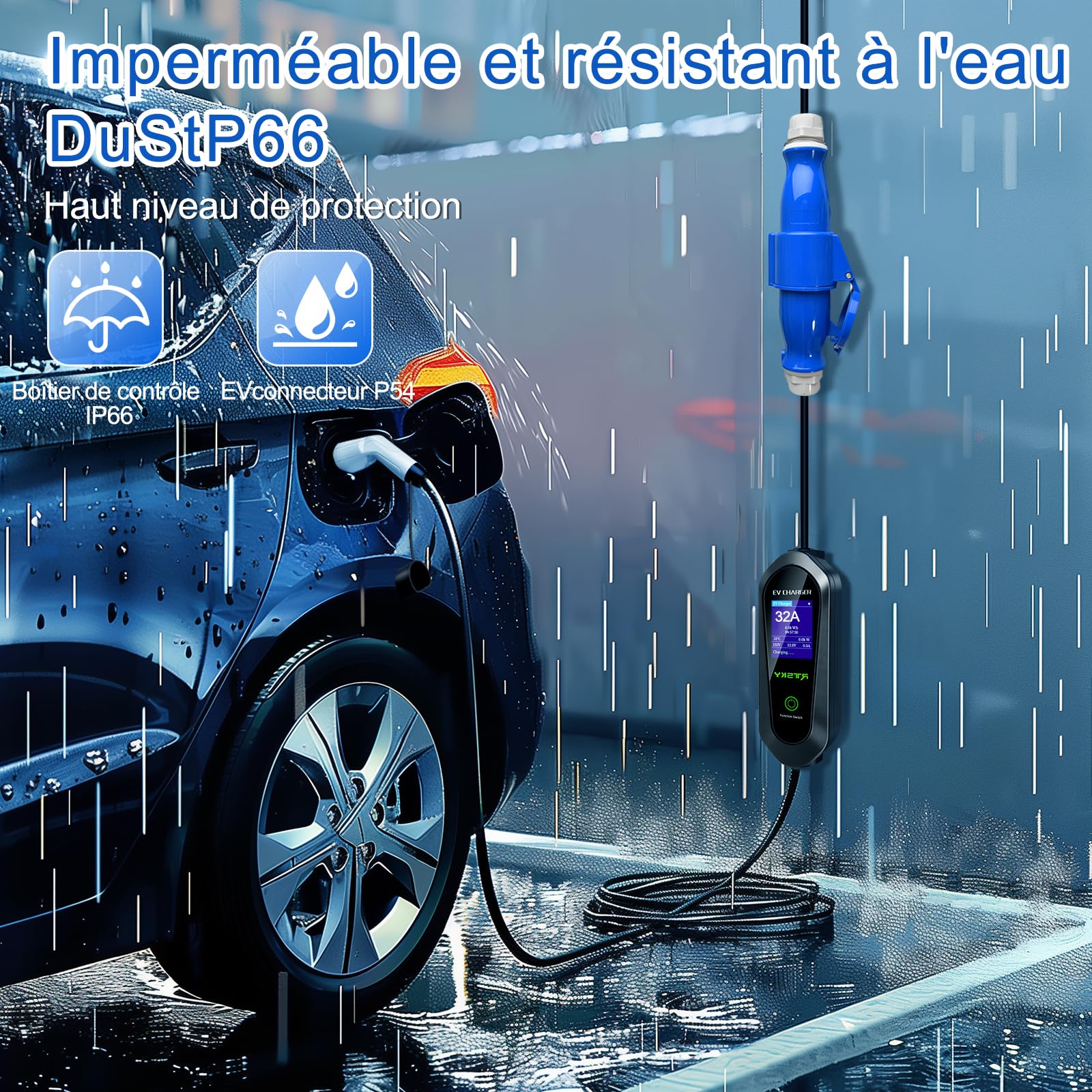Mobile Wallbox 7kW Cavo Ricarica Auto Elettrica CEE 32A su Tipo 2, 5M, 8-32A Caricatore Auto Elettrica con Display Digitale, EV Chargers per Auto Elettriche