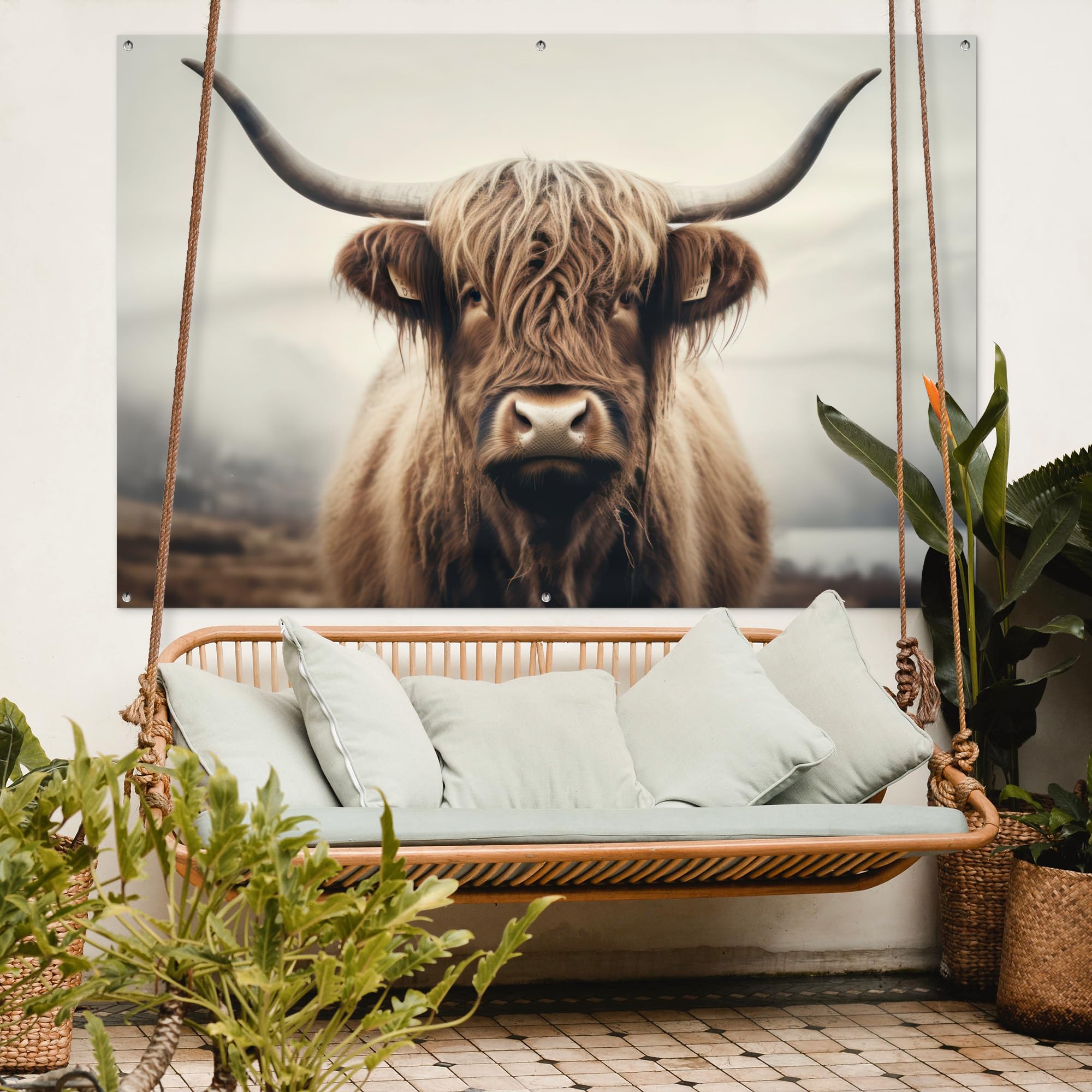 MuchoWow© Poster De Jardin Decoracion Balcón Wall Decoration Adornos Pared | 180x120 cm - Terraza Exterior Decoración Patio Posters Decorativos Highlander escocés - Cuernos - Paisaje