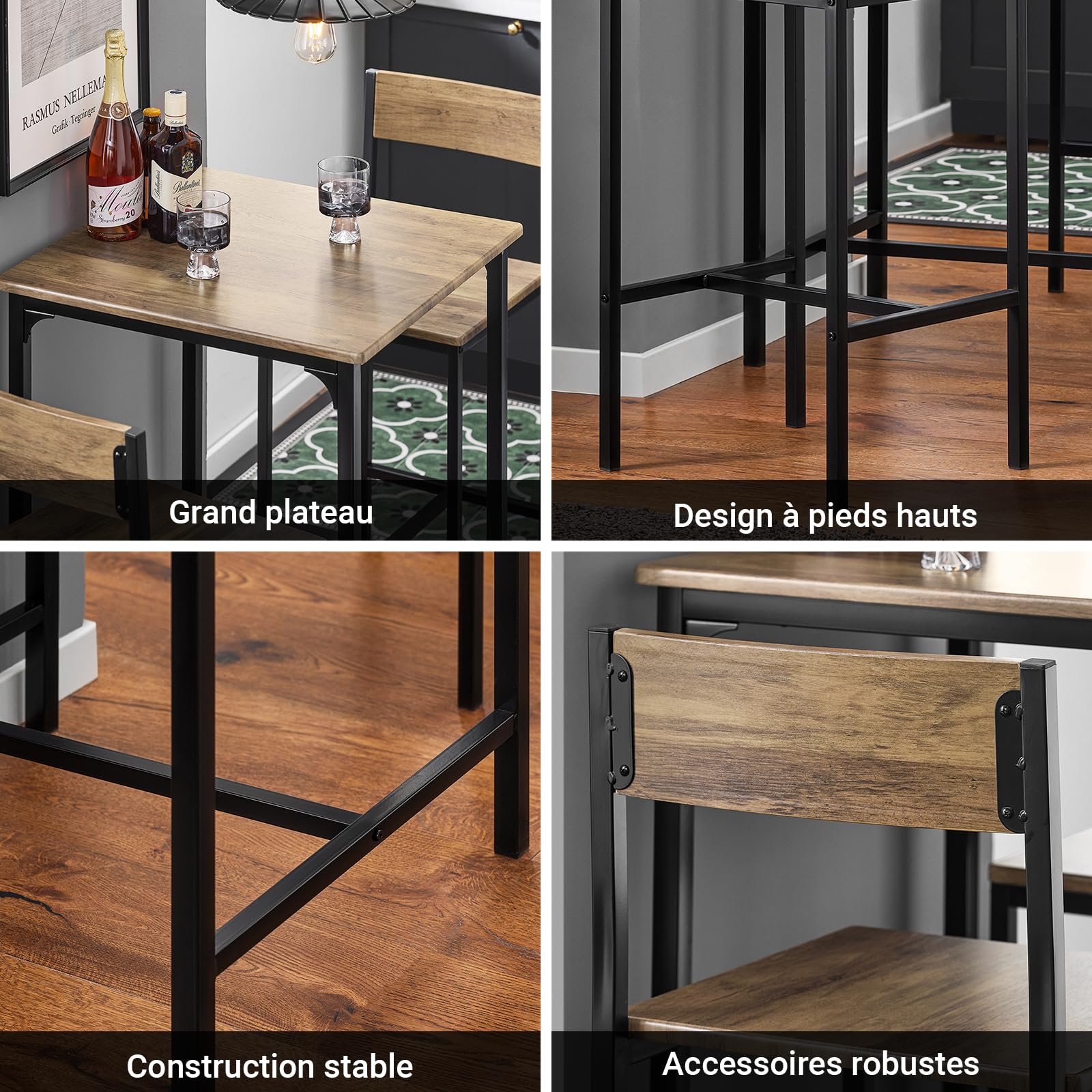 SoBuy Ensemble Table Haute Mange Debout Cuisine avec 2 Tabourets, Table de Bar Haute, Mange Debout avec Tabouret, Table Bar Cuisine, Table Haute Exterieur, MDF & Métal, Bois, OGT27-N