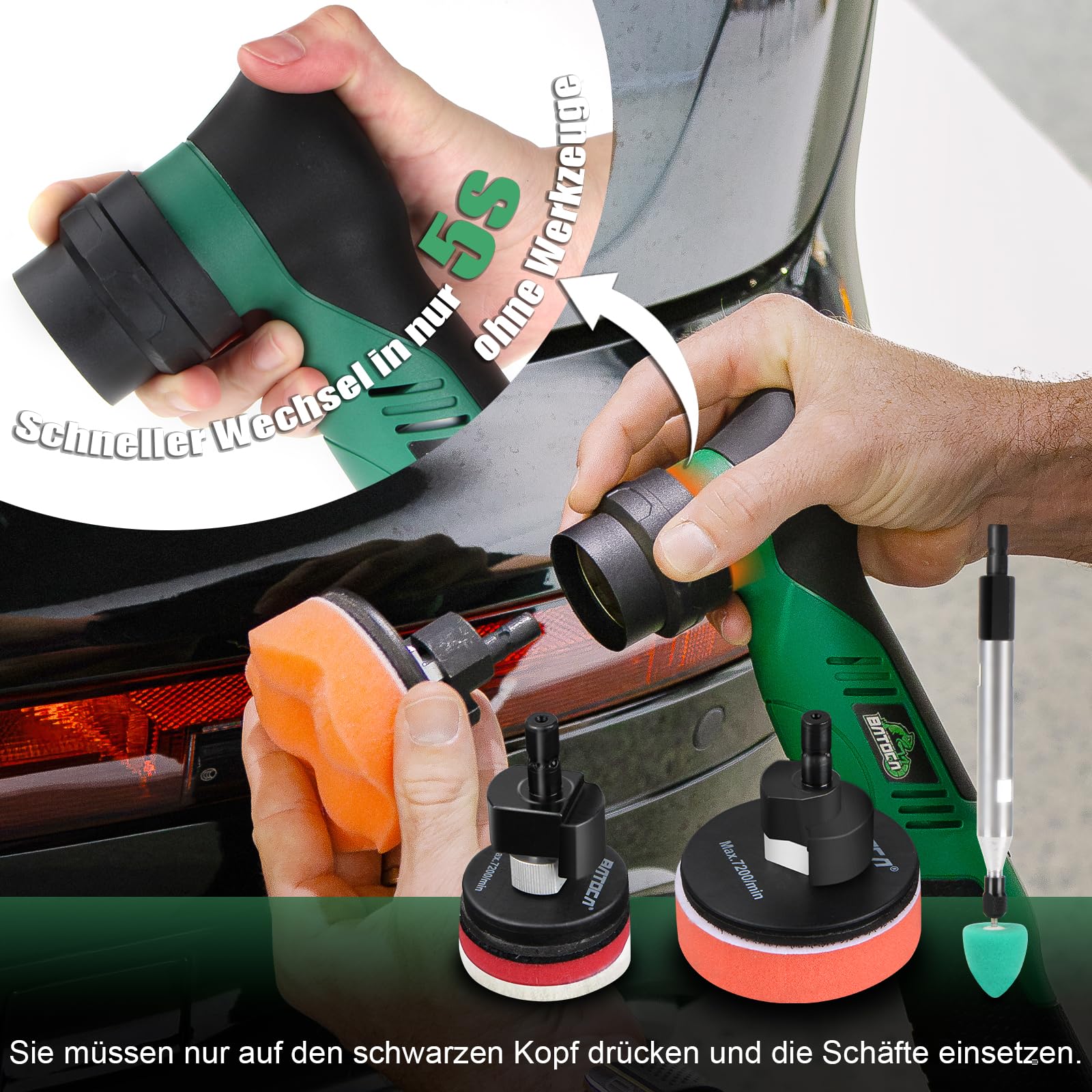 BATOCA S5 Mini Akku Poliermaschine, Rotations und Exzenter Poliermaschine, Auto Polierer Set mit 2 12V 2.0Ah Batterie, 25mm/50mm/75mm Polierteller, für die Autodetailing, Scheinwerfer Aufbereitung Set