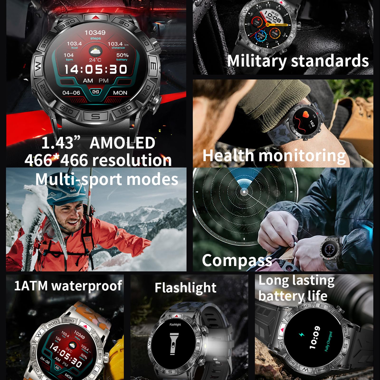 findtime Reloj inteligente militar para hombre con función de teléfono, brújula, altímetro, barómetro, 1,43 pulgadas, AMOLED resistente, reloj de correr para exteriores para Android iOS