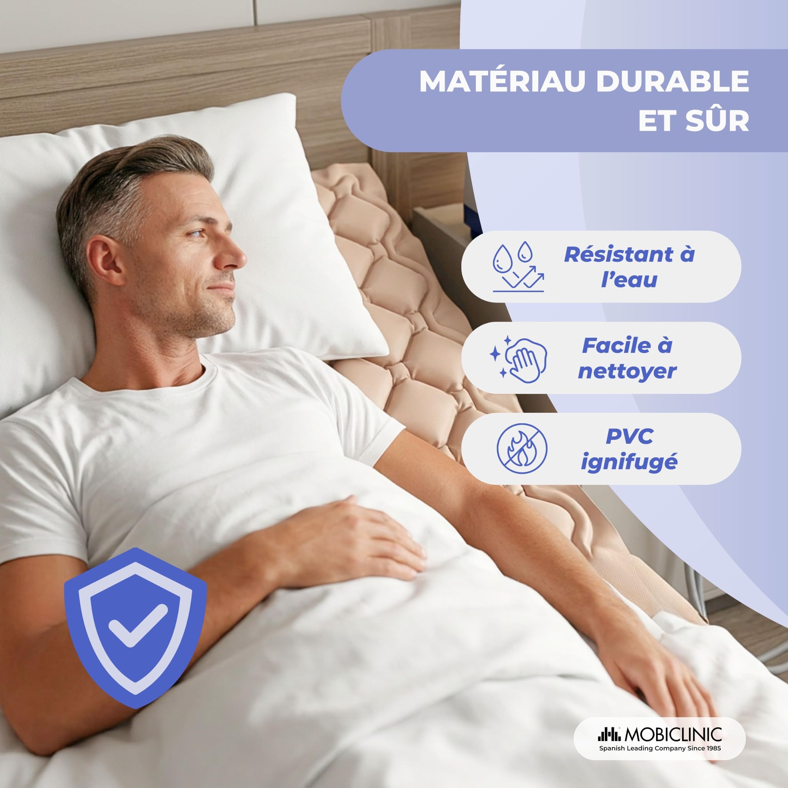 Mobiclinic® Matelas Anti-escarres à air alterné, Moteur Silencieux, Mobi 1, Télécommande, 200 x 90 x 7 cm, Kit de réparation, Convient aux Lits articulés, 130 cellules, Beige