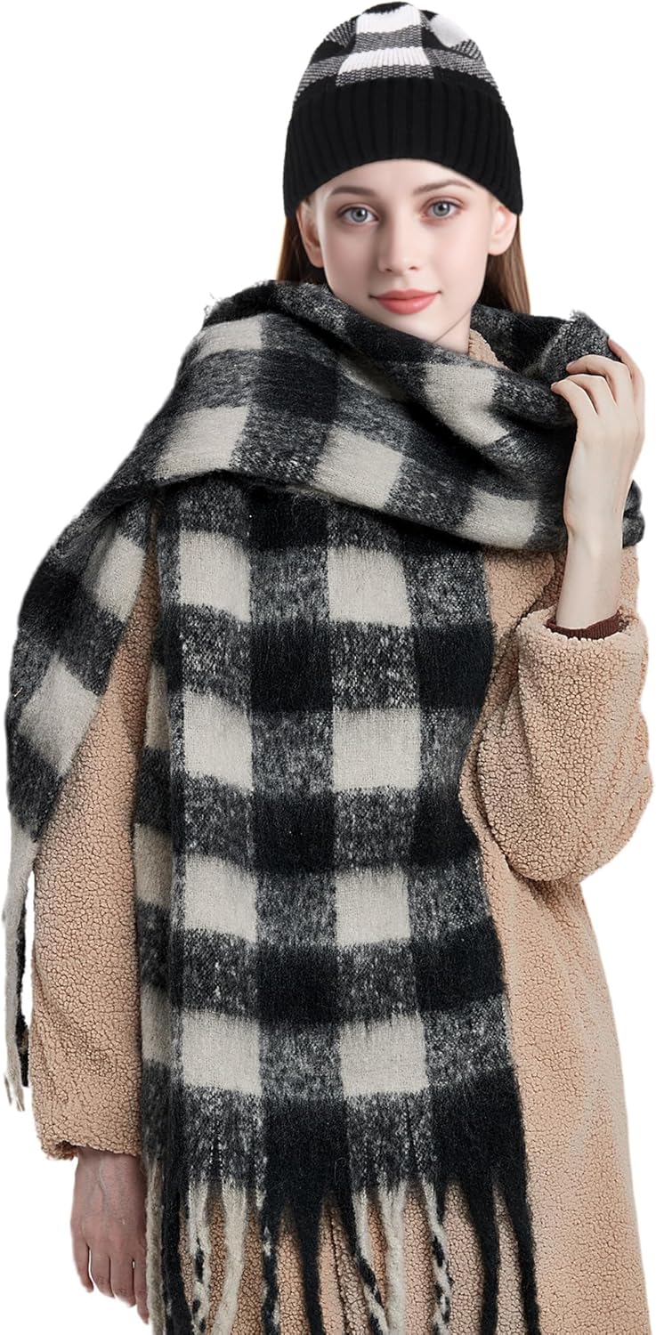 Large Chunky Plaid Scarf & Beanie Hat Set Winter Colorful Oversized Scarf Hat for Women
