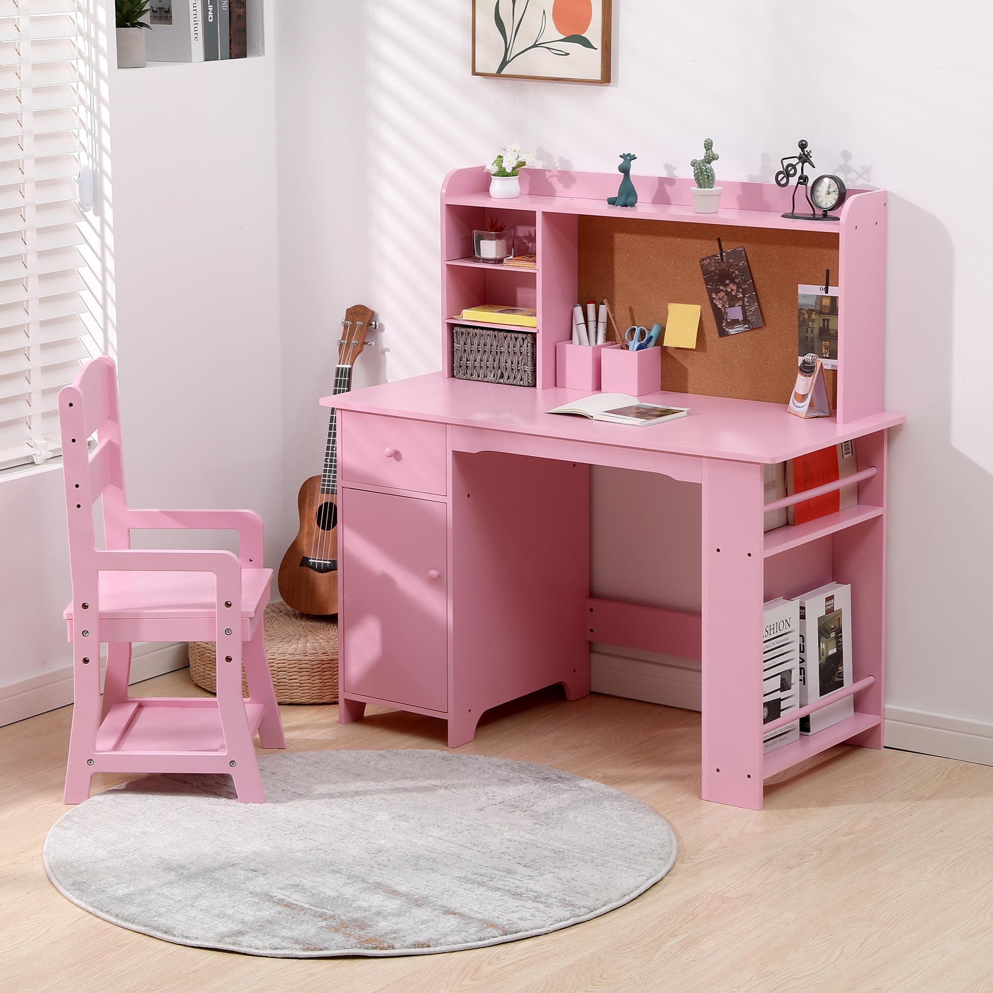 GarveeHome Kids Desk and Chair Set, Wooden Study Table with Storage Shelf, Bulletin Board, Children School Learning Desk Set, Writing Table for Boys and Girls, Pink