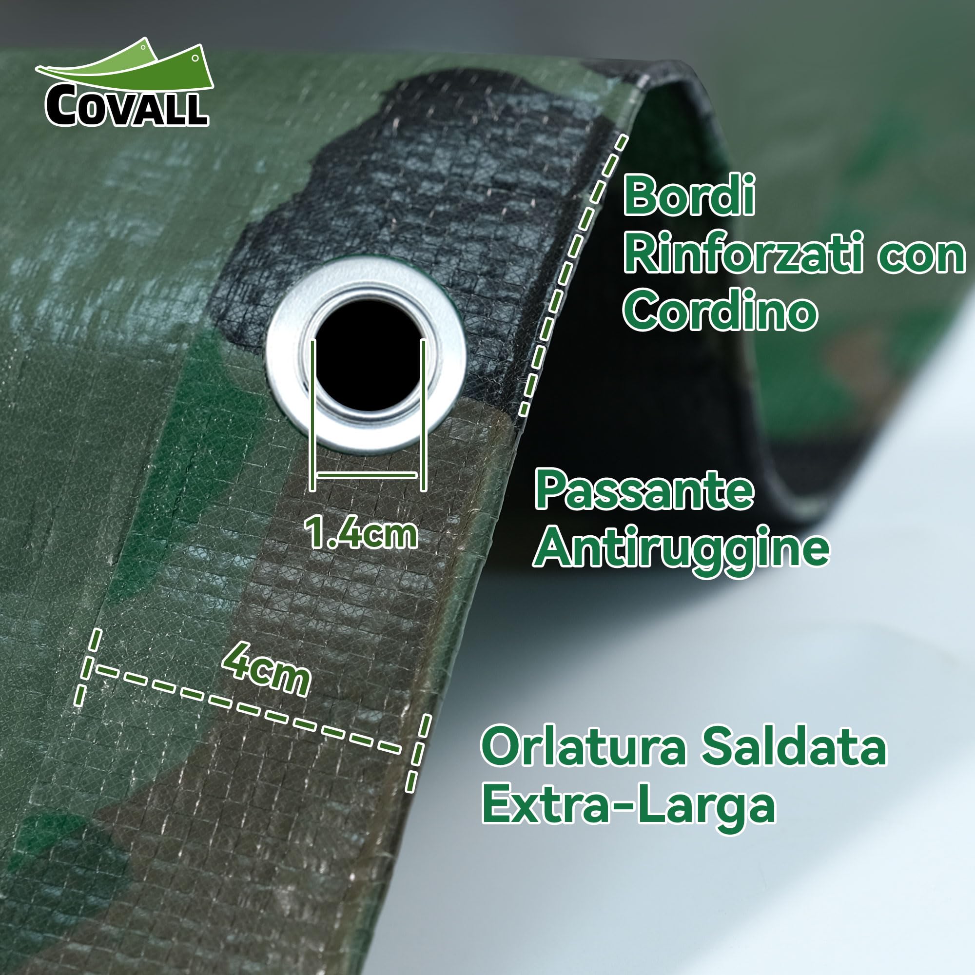 Telone Impermeabile Esterno Mimetico 5,5x6m 115g/mq – HDPE Rinforzato con Occhielli Anti-UV, Telo Copritutto Antipioggia e Antivento per Piscina, Auto, Giardino, Campeggio, Caccia