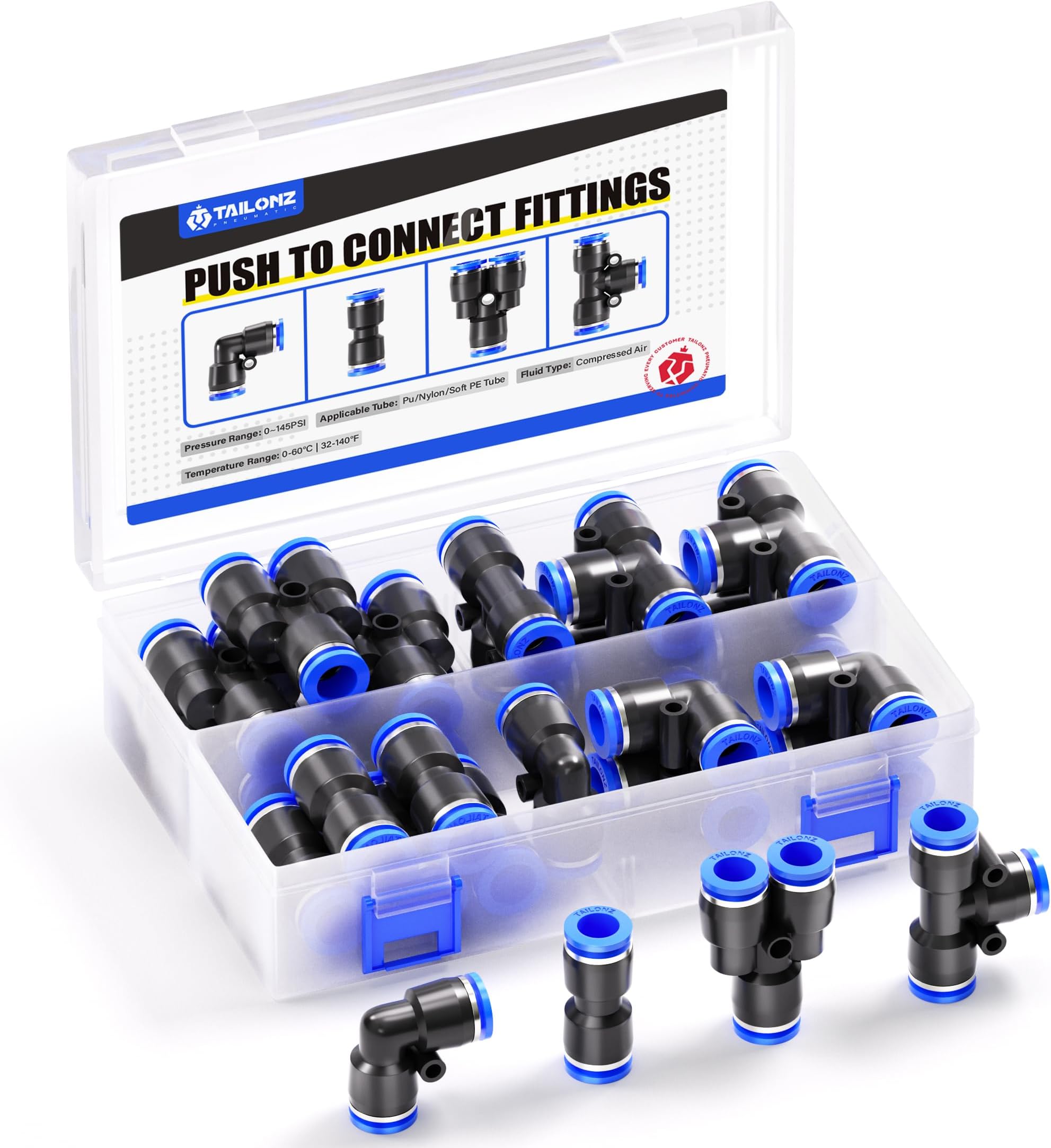 TAILONZ PNEUMATIC 12mm od Push to Connect Fittings Pneumatic Fittings Kit 5 Spliters+5 Elbows+5 tee+5 Straight (20 pcs)