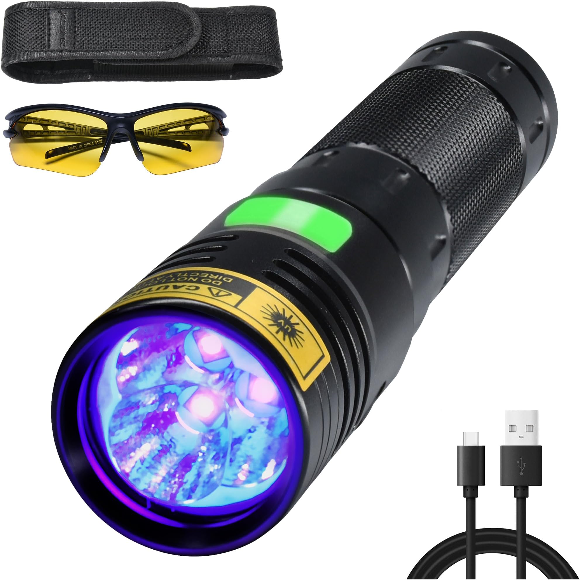 DARKBEAM UV Flashlight 395nm Black Light, 20W High Power 3 UV LEDs USB -C Rechargeable, Mini Woods Lamp Ultraviolet with Glasses- Detector for Pet Urine, Uranium Glass - Leak Detection - Curing Resin