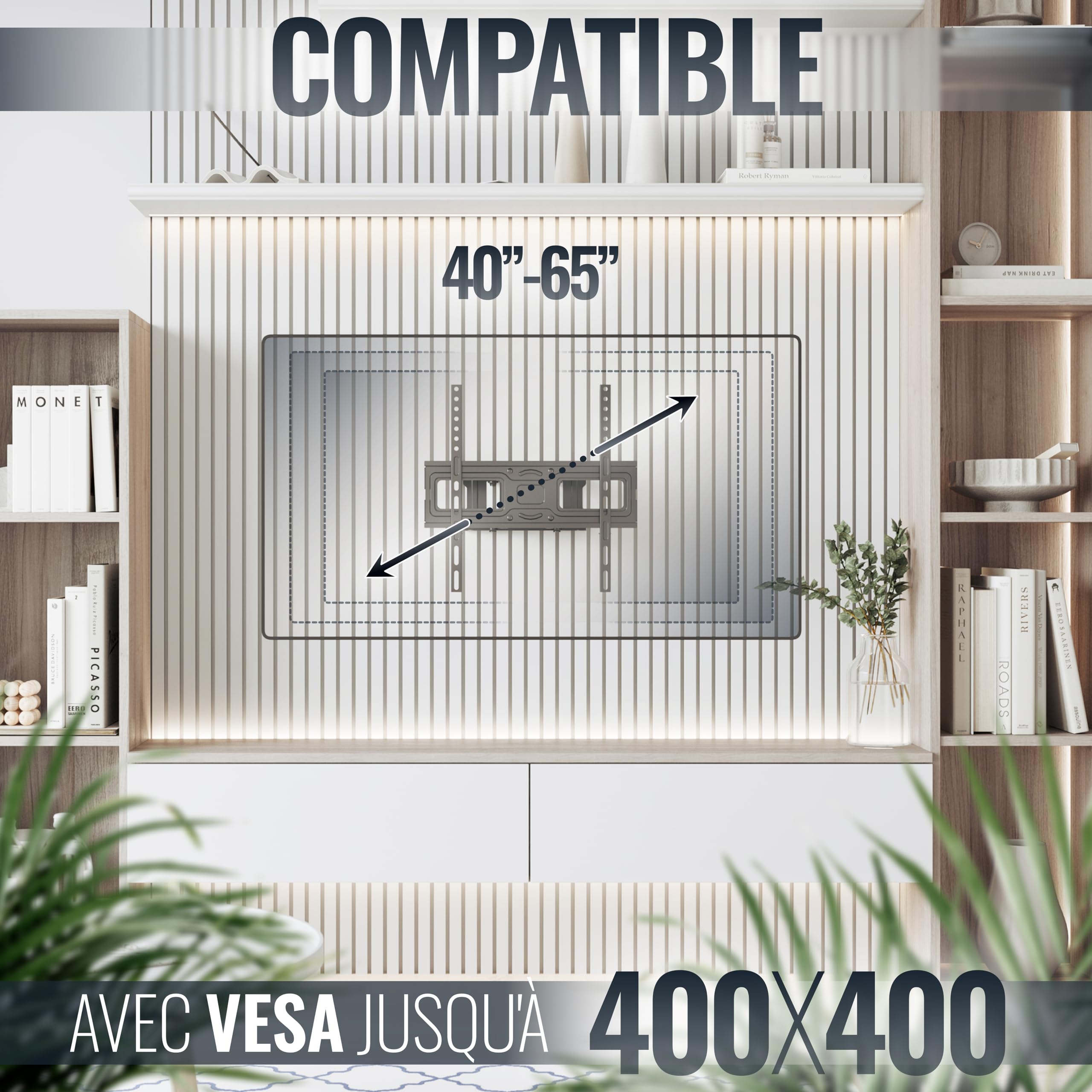 RICOO S5244 Support Mural TV 40 42 43 48 50 55 58 60 65 Pouces VESA 200x200 à VESA 400x400 Orientable Inclinable Rotatif Universel Fixation Murale TV