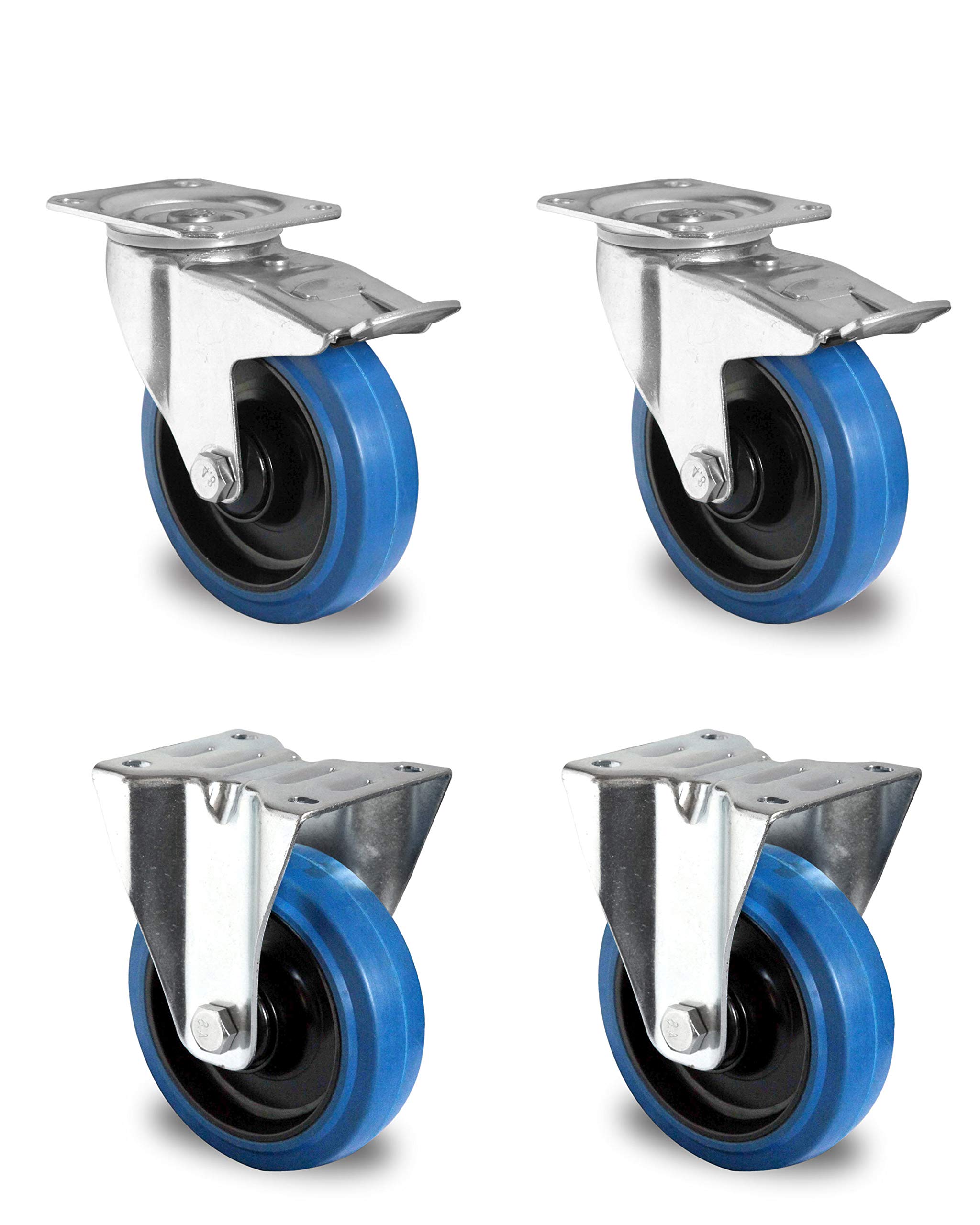 Rollensatz 2 Lenkrollen mit Feststeller + 2 Bockrollen 80 mm Elastik "Blue Wheels"