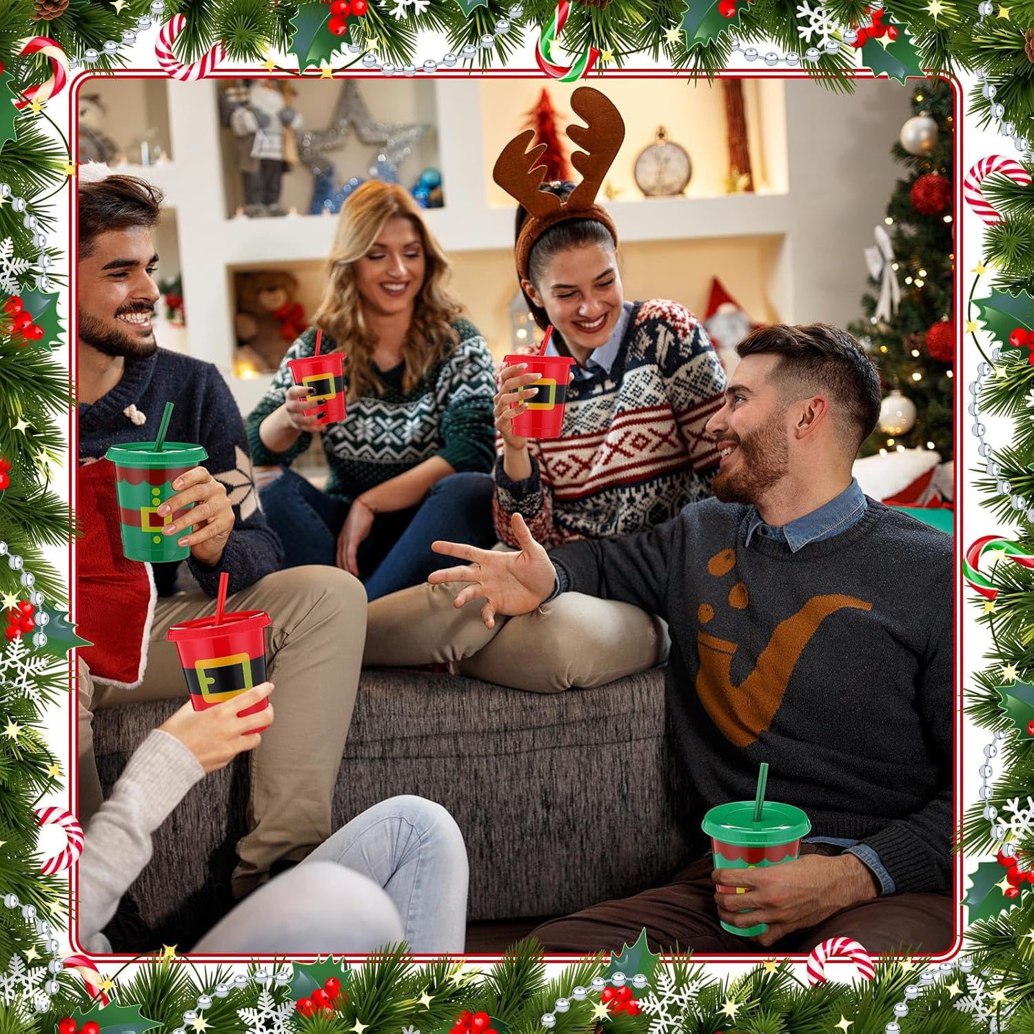 36 Pcs Christmas Cups with Straws and Lids 16 Oz Santa Elf Belt Plastic Christmas Cups Tumbler Reusable Drinking Tool for Winter Holiday Xmas Party Decoration Drinkware Supplies - Image 6