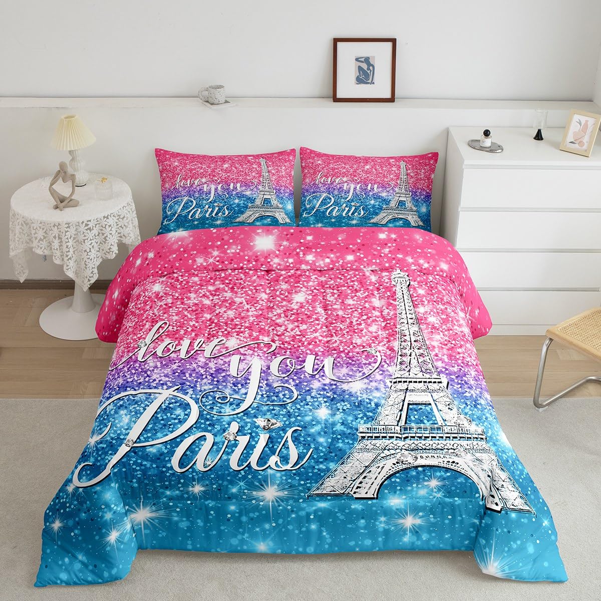 Erosebridal Paris Bedding Set for Women,Girly Glitter Eiffel Tower Queen Comforter Set for Valentine Day,Diamond Printed Down Comforter,Sparkles