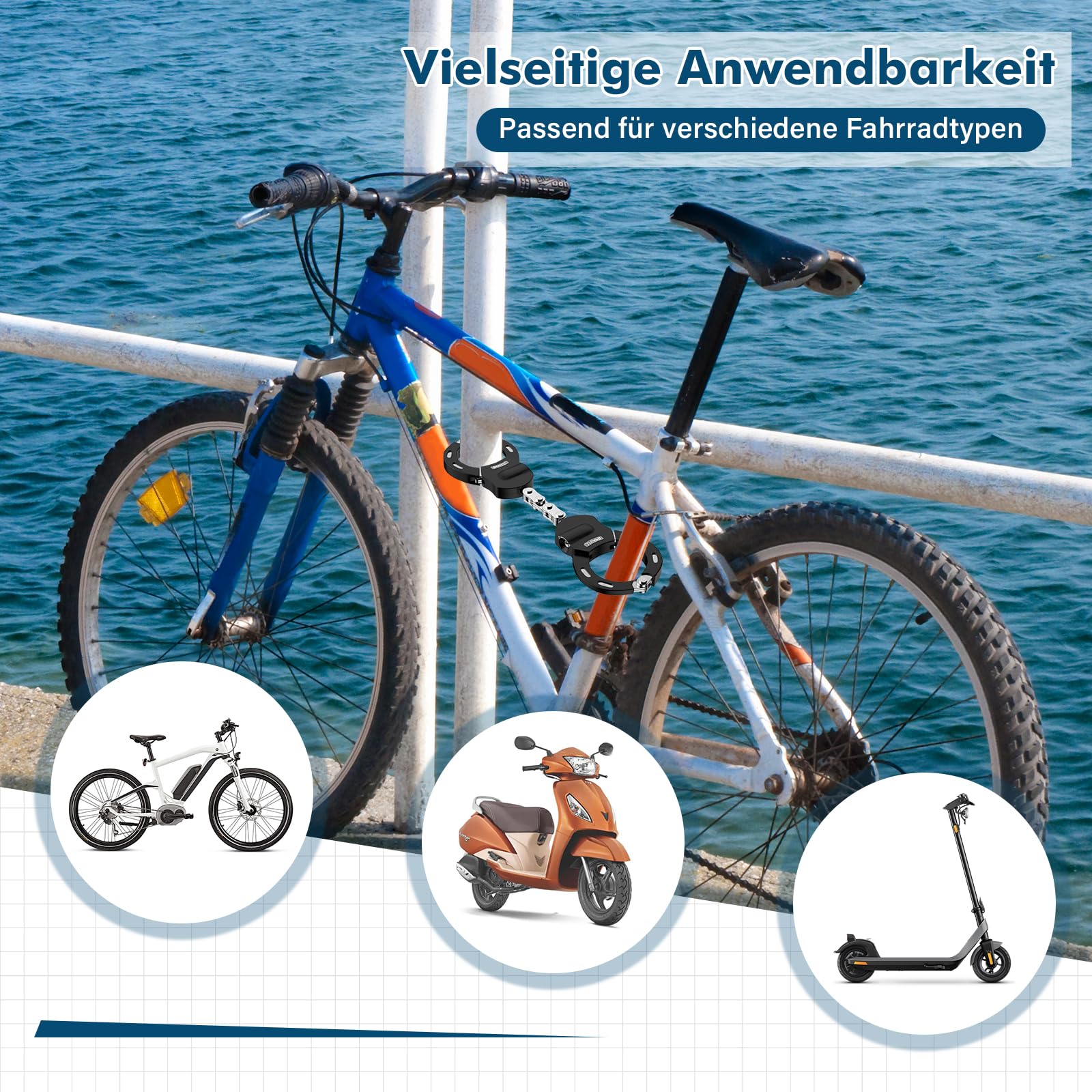 Lucchetto Per Bici E Monopattino BANGTING - Catena Acciaio 12mm X 120cm, Antifurto Con 2 Chiavi, Multiuso - Foto 5