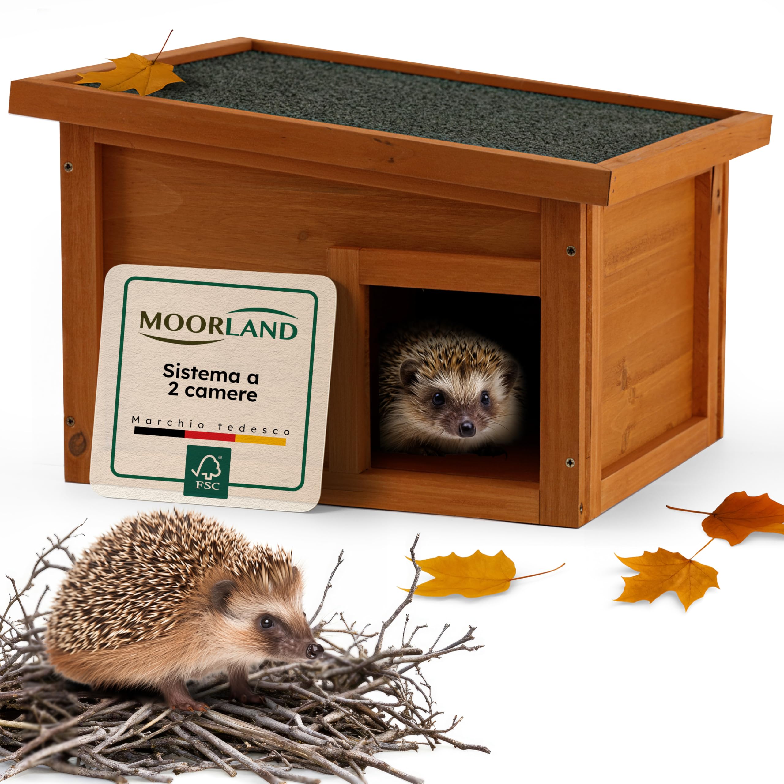 Moorland Casa de hibernación para erizos – Refugio de Invierno en Madera FSC 40×34 cm, Entrada laberíntica ventilada, Base, Techo extraíble, Resistente a la Intemperie para jardín