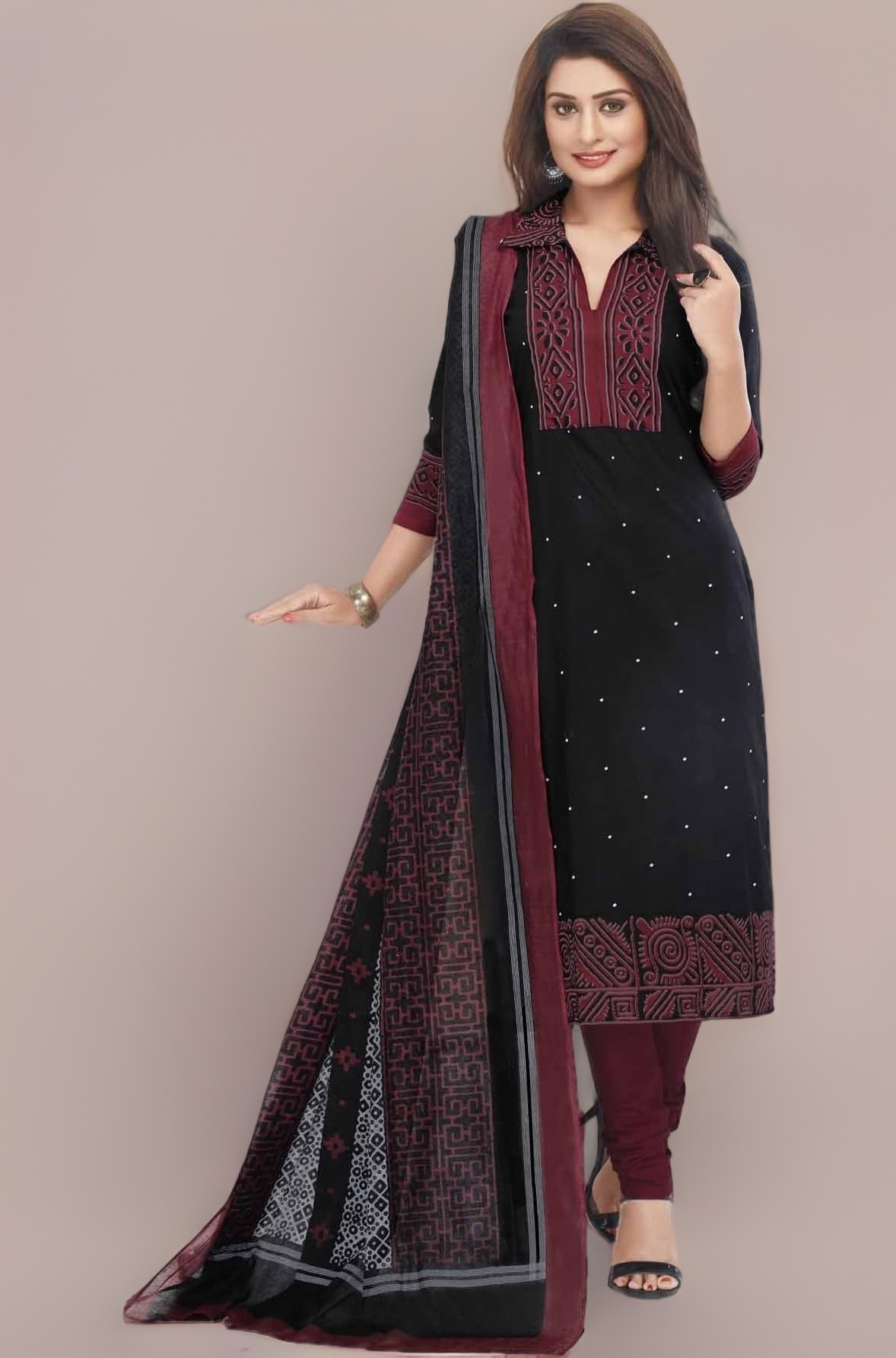 Miraan Cotton Printed Readymade Salwar Suit For Women(SAN7024, Black)