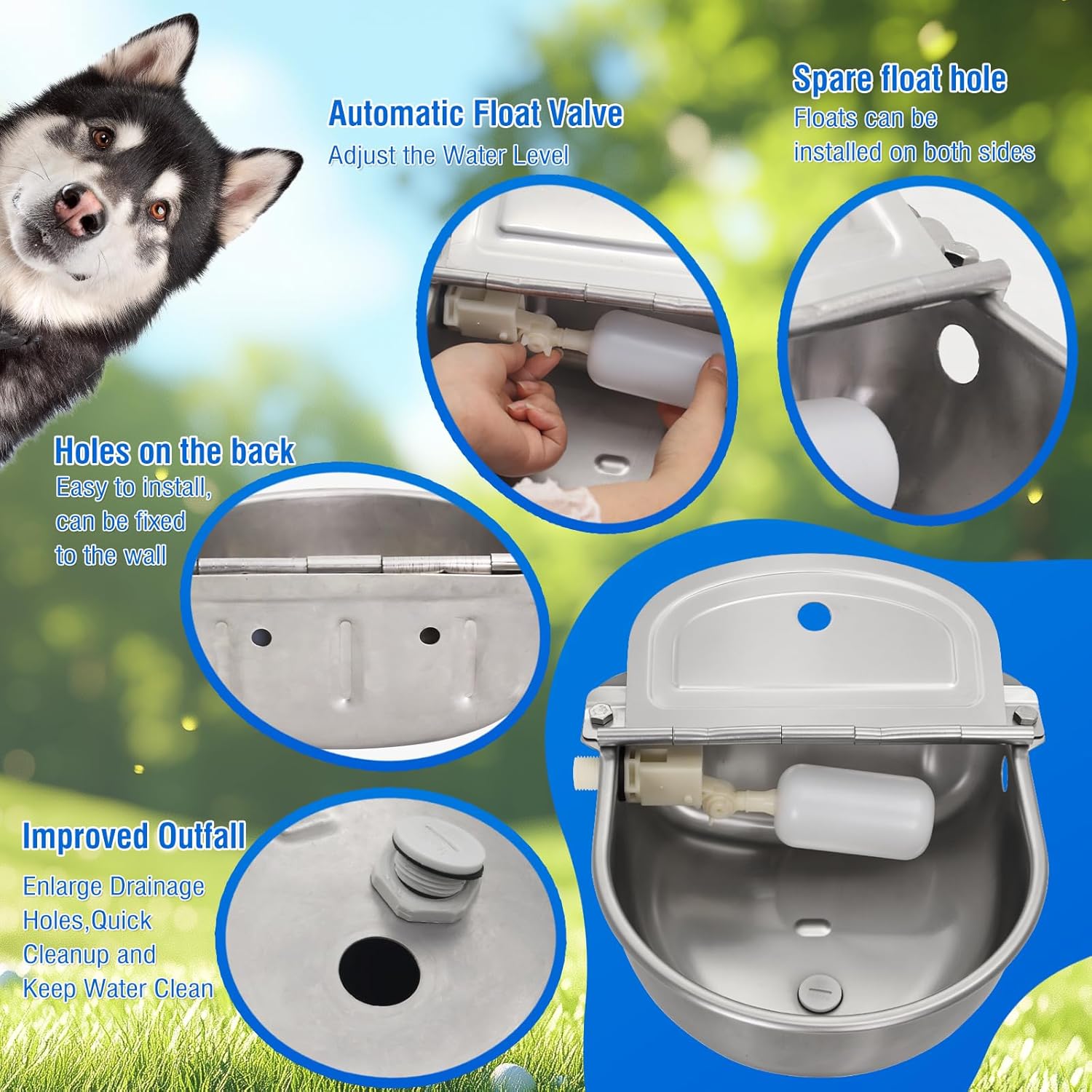 Automatic Animal Drinking Water Bowl with Float Valve Stainless Steel Dog Dispenser Waterer Includes Float Valves, 3/4''Water Hose and Mounting Bolts Livestock Watere (Without Pipe)