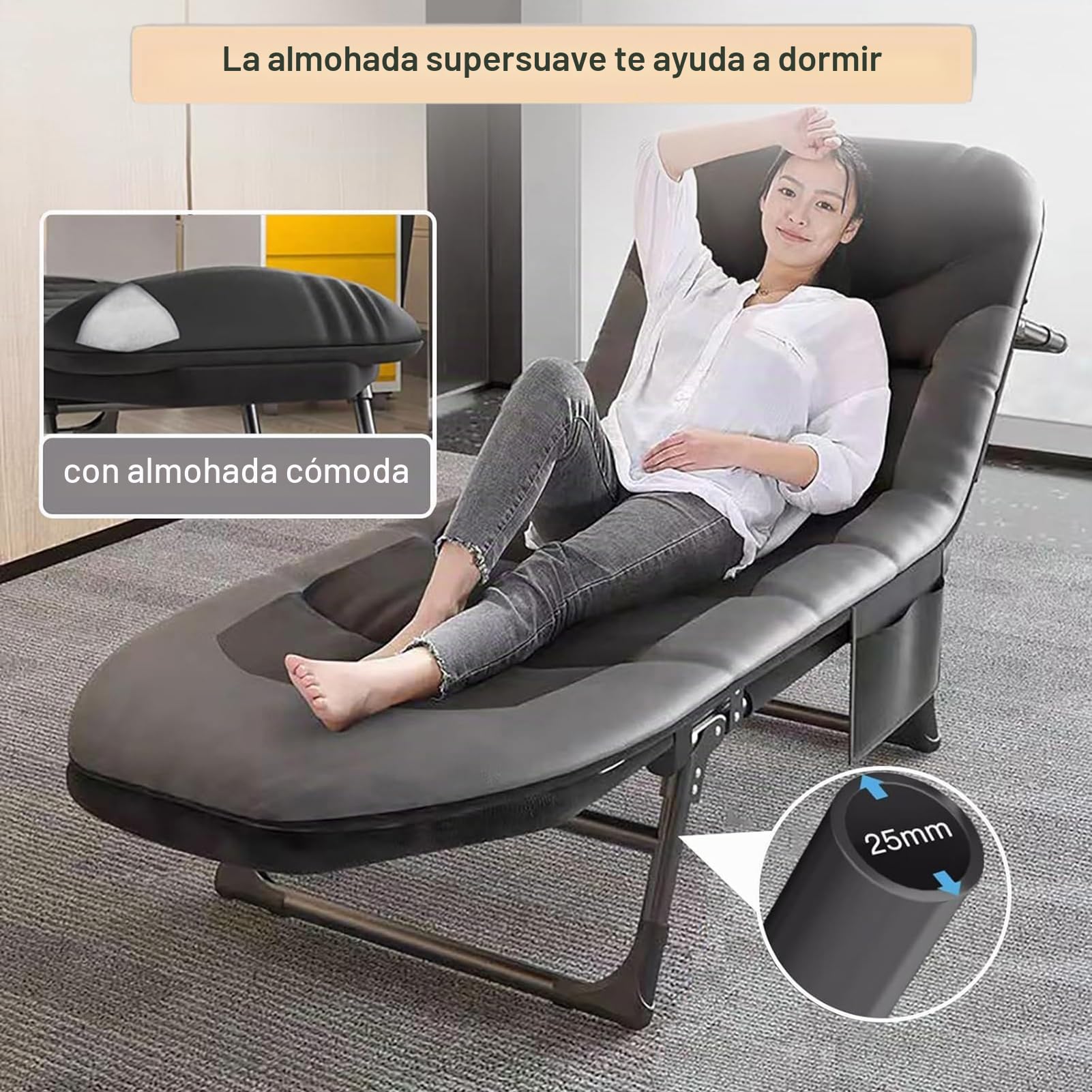 Tumbona resistente a la intemperie con colchón y respaldo ajustable en 6 posiciones, tumbona de jardín plegable, cómoda con bolsillo lateral, tumbona de camping plegable, ultraligera, ideal