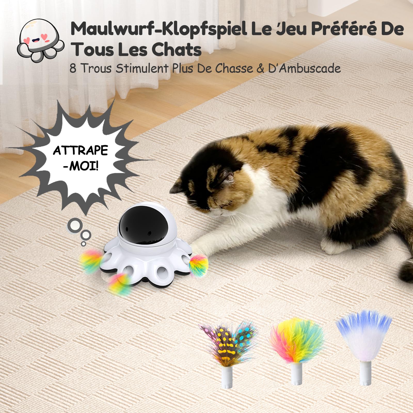 GoldenSun Jouet pour chat automatique 2 en 1, 8 trous Whack-a-Mole et mouvement aléatoire à 360°, rechargeable par USB, jouet interactif pour chats d'appartement ennuyés