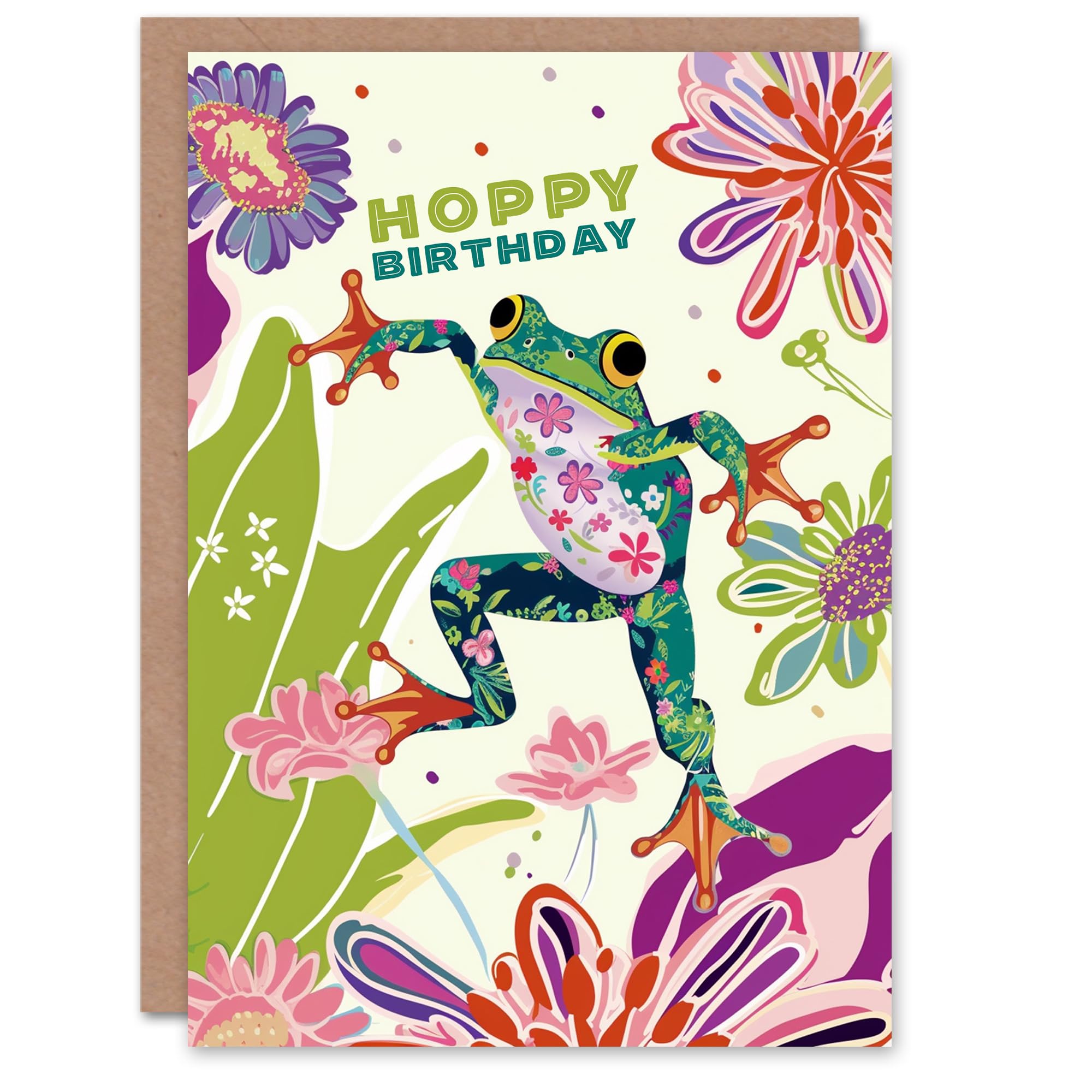 Artery8 Birthday Card Hoppy Frog Jumping Flowers Colourful Bright For Child Kids Son Daughter Greeting Card