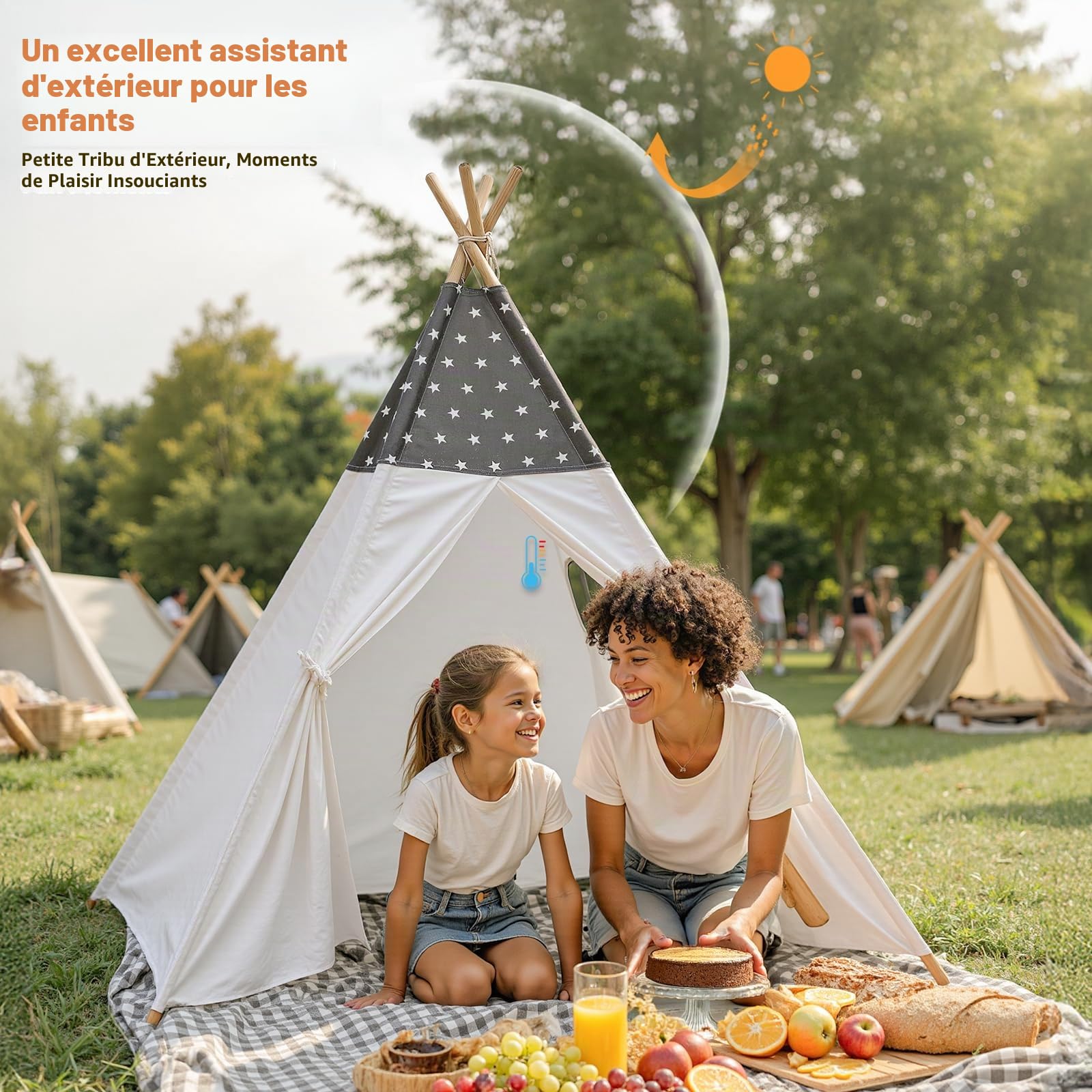 Sumbababy Tipi Enfant Teepee Indien : Coton Enfants Tente Jouent Tente Intérieure Extérieure Portable Maison de Jeu pour Garçons Filles Jeux D'intérieur et D'extérieur (Gris et Blanc Cassé)