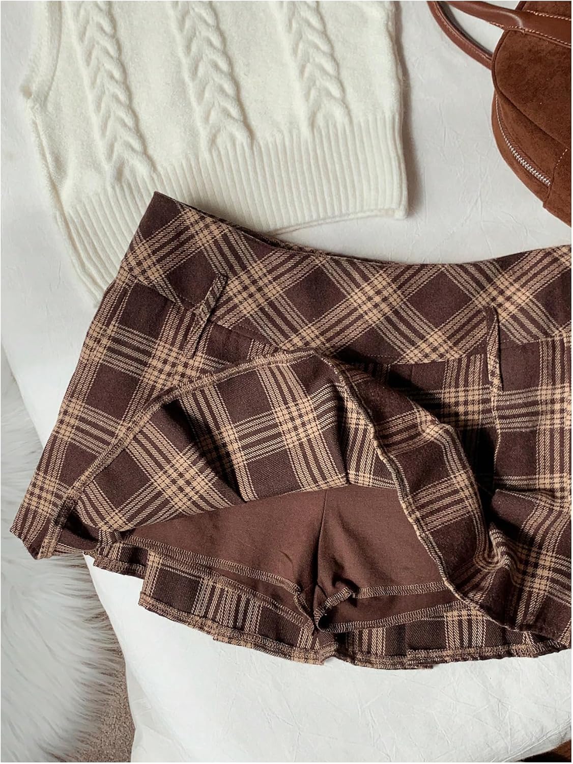 Floerns Women's Plaid Mini Skirts Pleated Hem Uniform Skater Skirt Built in Shorts - Image 5