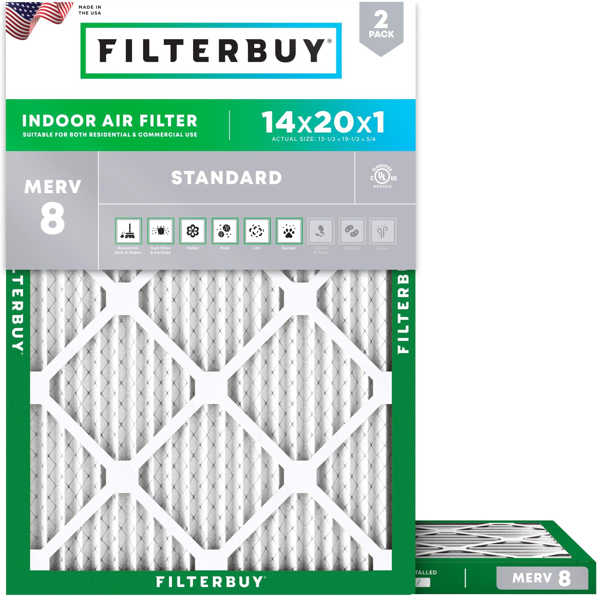 Filterbuy 14x20x1 Air Filter MERV 8 Essential Dust & Allergy Defense (2-Pack), Electrostatic Pleated HVAC AC Furnace Filters Replacement (Actual Size: 13.50 x 19.50 x 0.75)