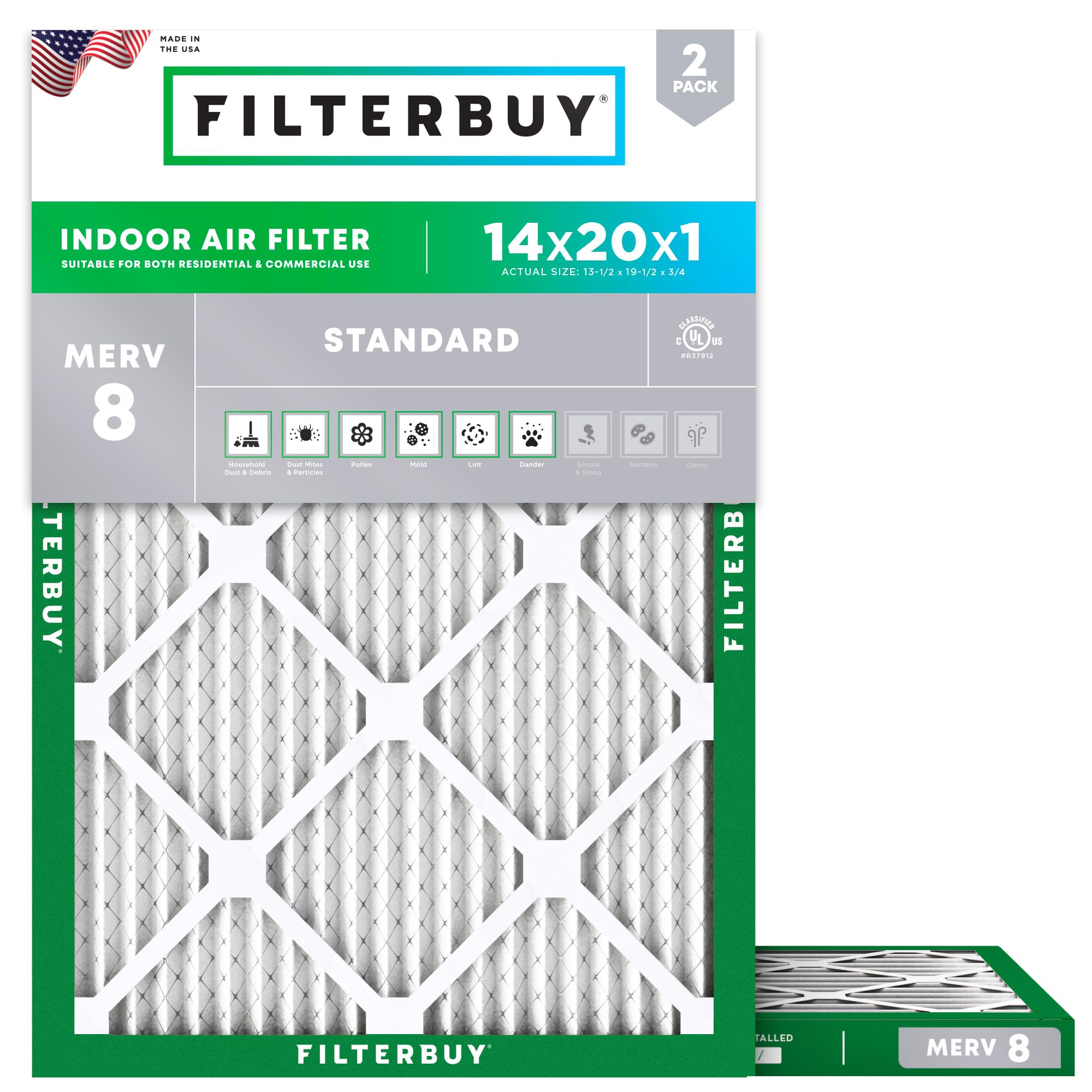 Filterbuy 14x20x1 Air Filter MERV 8 Essential Dust & Allergy Defense (2-Pack), Electrostatic Pleated HVAC AC Furnace Filters Replacement, Made in USA (Actual Size: 13.50 x 19.50 x 0.75)