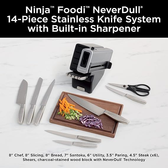 Ninja K62014 Foodi NeverDull Premium 14-Piece German Stainless Steel Knife System with Built-in Sharpener, Stainless Steel/Black | Stays razor-sharp 10+ years. German stainless steel blades & sleek finish. Few swipes of the foolproof sharpener restore edge