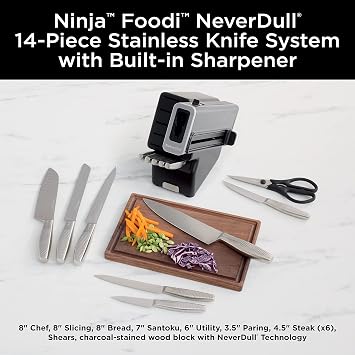 Ninja K62014 Foodi NeverDull Premium 14-Piece German Stainless Steel Knife System with Built-in Sharpener, Stainless Steel/Black | Stays razor-sharp 10+ years. German stainless steel blades & sleek finish. Few swipes of the foolproof sharpener restore edge