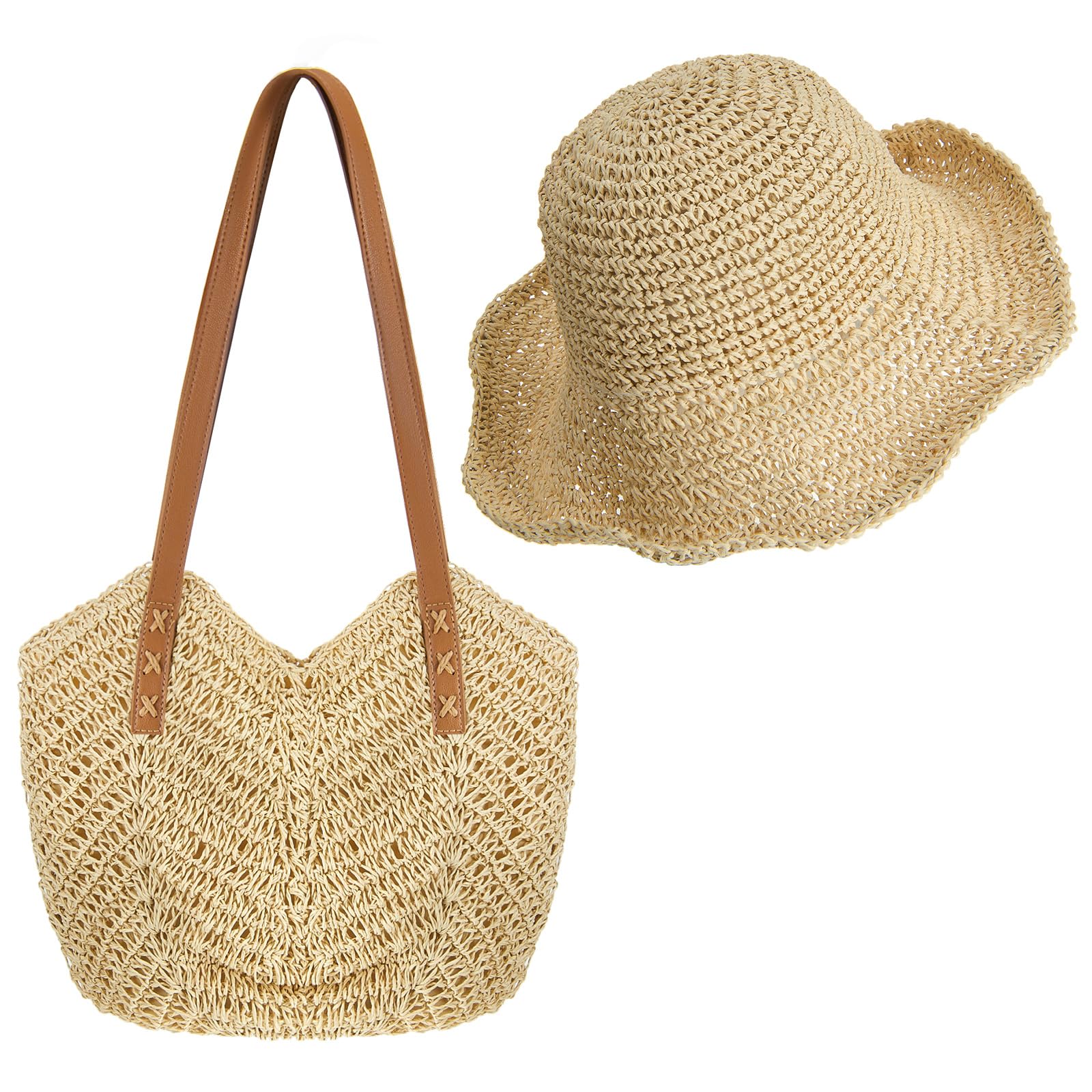 SATINIORSATINIOR Beach Bags for Women Straw Handbags and Women Straw Hat Large Straw Bohemian Shoulder Bags Floppy Wide Brim Beach Sun Cap Foldable Ladies Summer Hats for Holiday Vacation