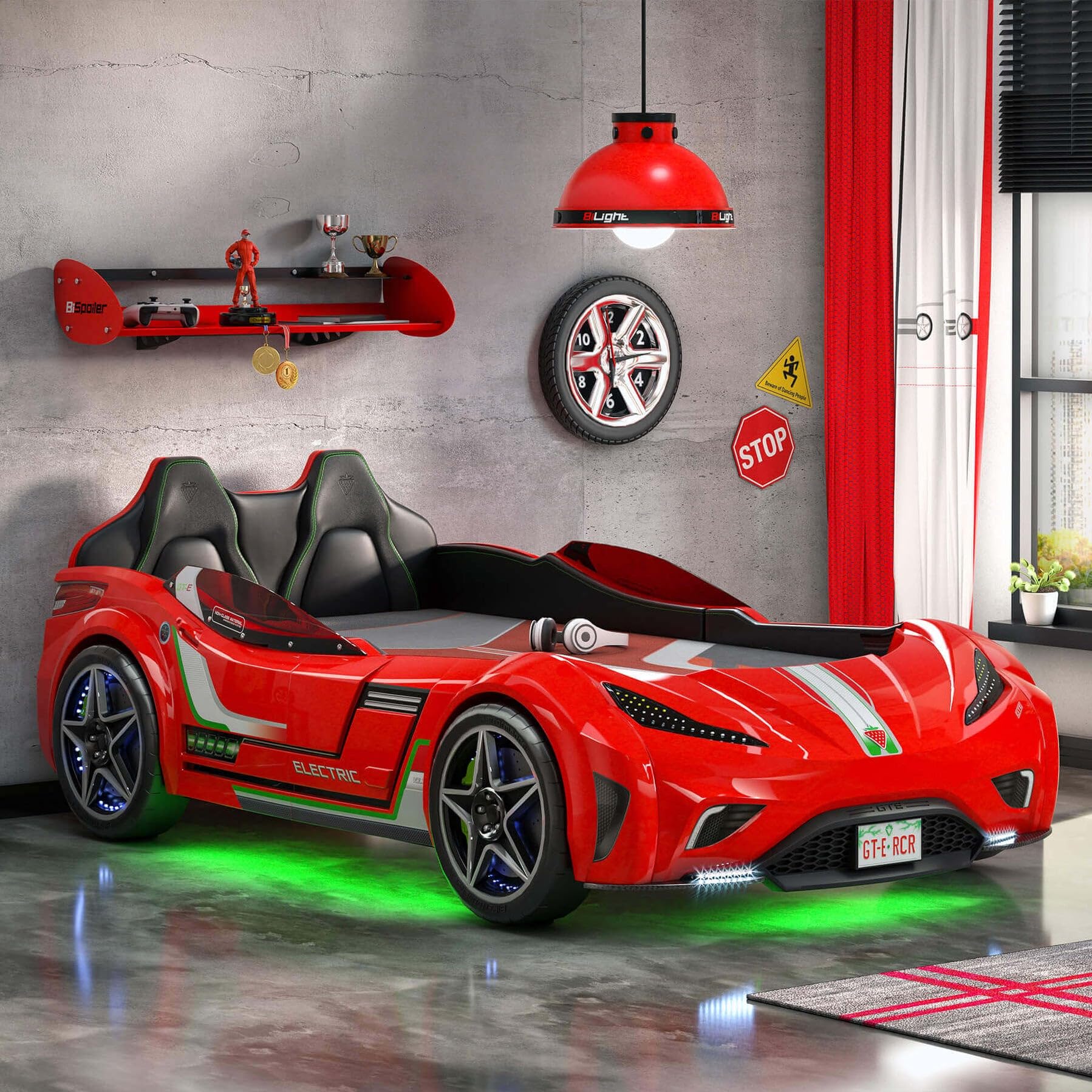 Generico Cama de coche GTE para niños roja con luces LED, asientos deportivos, ruedas realistas y sonido clave – Cama coche eléctrico deportivo 127 x 220 cm
