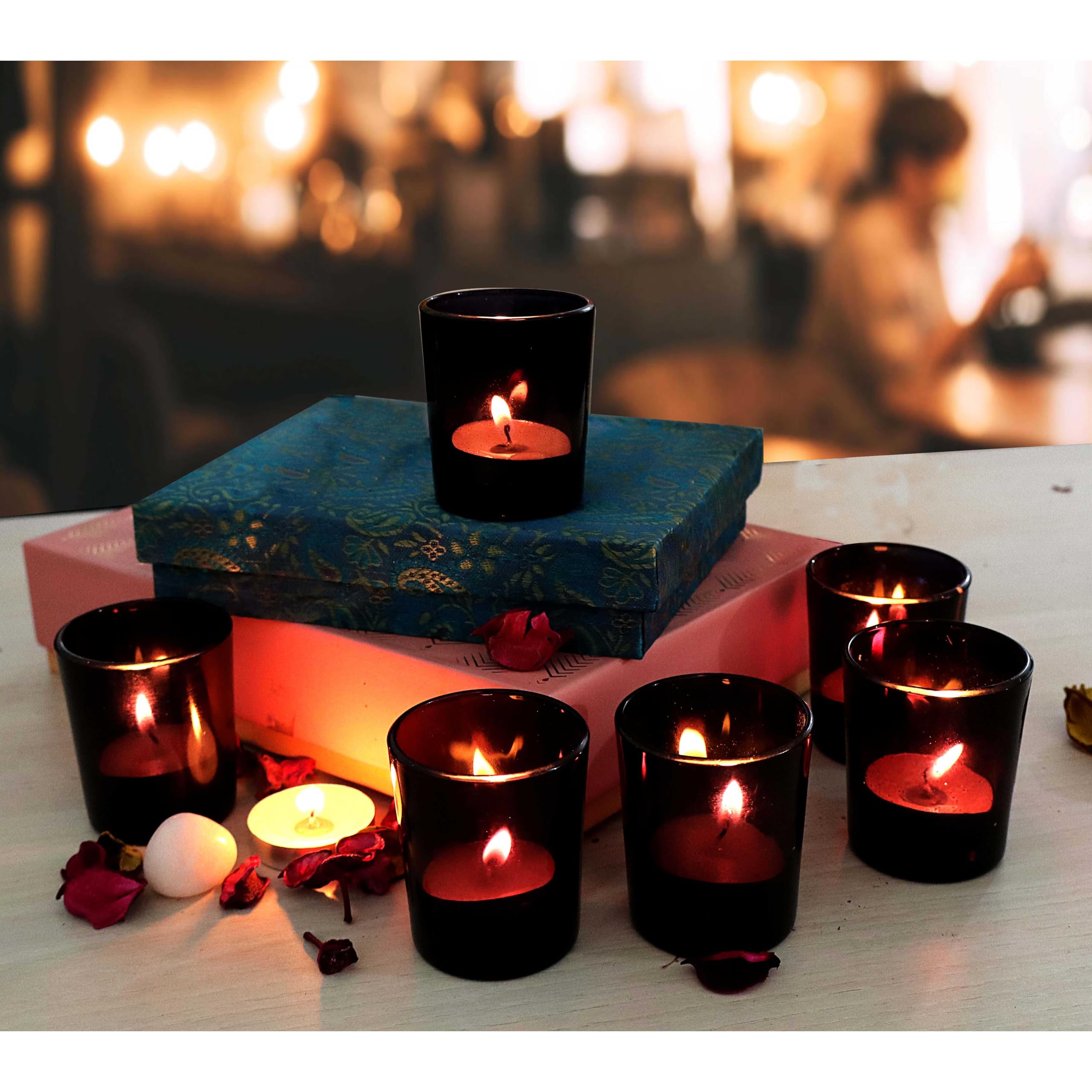 Pure Source India Set of 6 Glass Votive Tealight Candle Holders - Living Room Side Table Home Decoration (Glass, Pack of 6, Black)