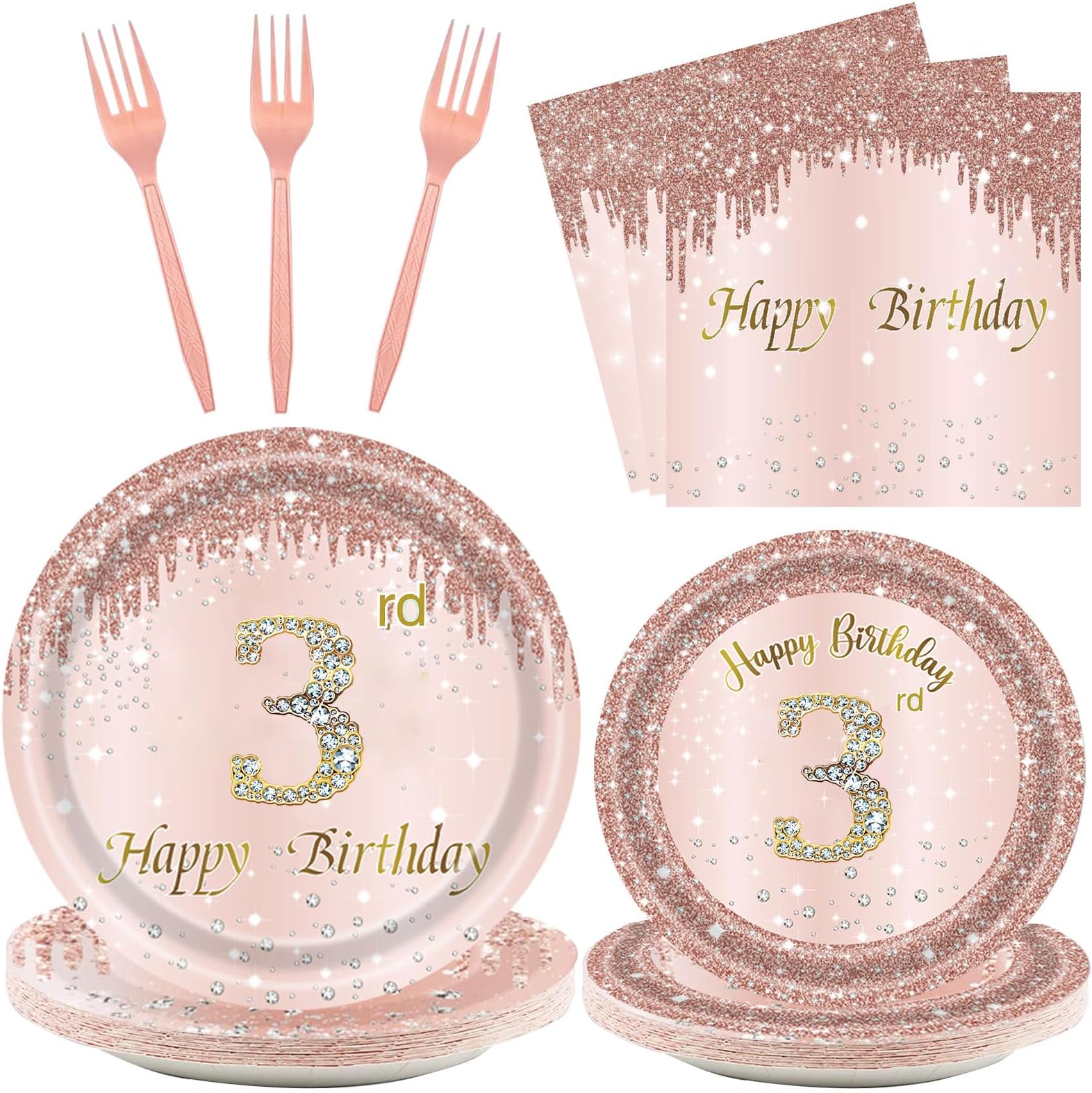 24 Sets 3rd Rose Gold Birthday Party Decrations for Girls 3 Birthday Plates and Napkins Forks Party Supplies for 3 Year Old Disposable Pink Gold Tableware Set for 24 Guests