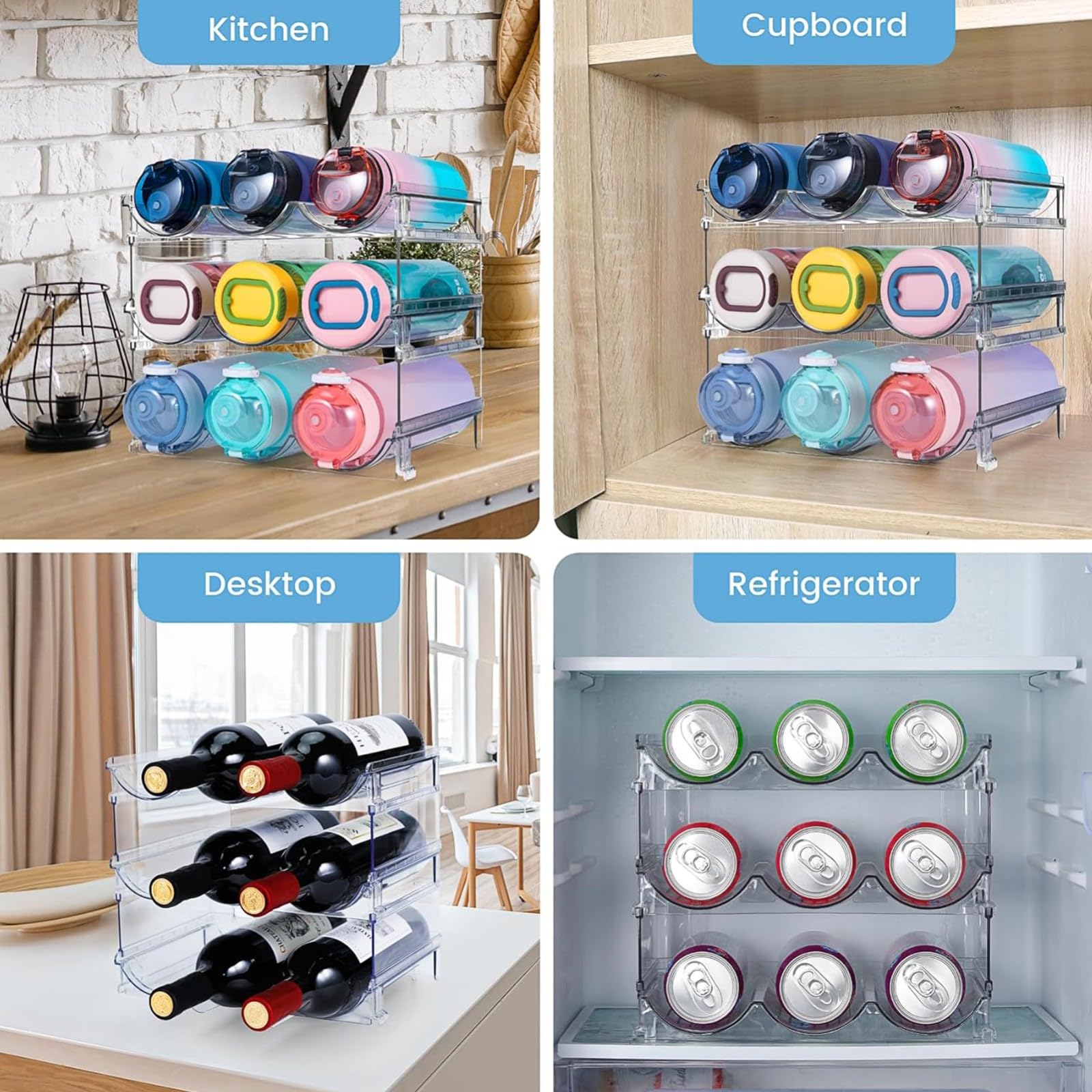 Portabottiglie In Plastica Impilabile Frigorifero, Armadio, Portabottiglie Di Vino, Organizer Per Bottiglie D'acqua, Scaffale Per Bottiglie Di Acqua E Altre Bevande Impilabile 3 layer