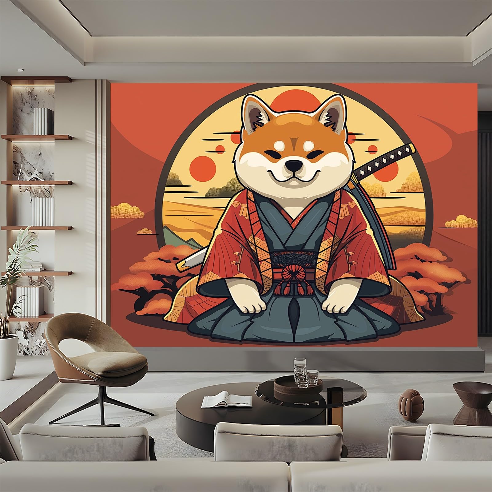 Panoramiczne tapety obraz szczeniak japoński samuraj dom sypialnia dekoracyjna dekoracja ścienna 300 x 210 cm do dekoracji mieszkania salon biuro tapeta wielofunkcyjna czerwona