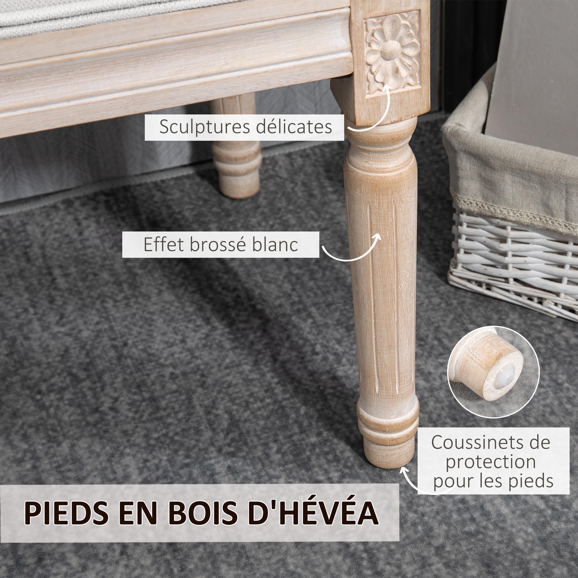 HOMCOM - Banco de asiento acolchado estilo vintage francés acolchado grueso revestimiento, tejido de aspecto lino, patas de madera maciza, crema