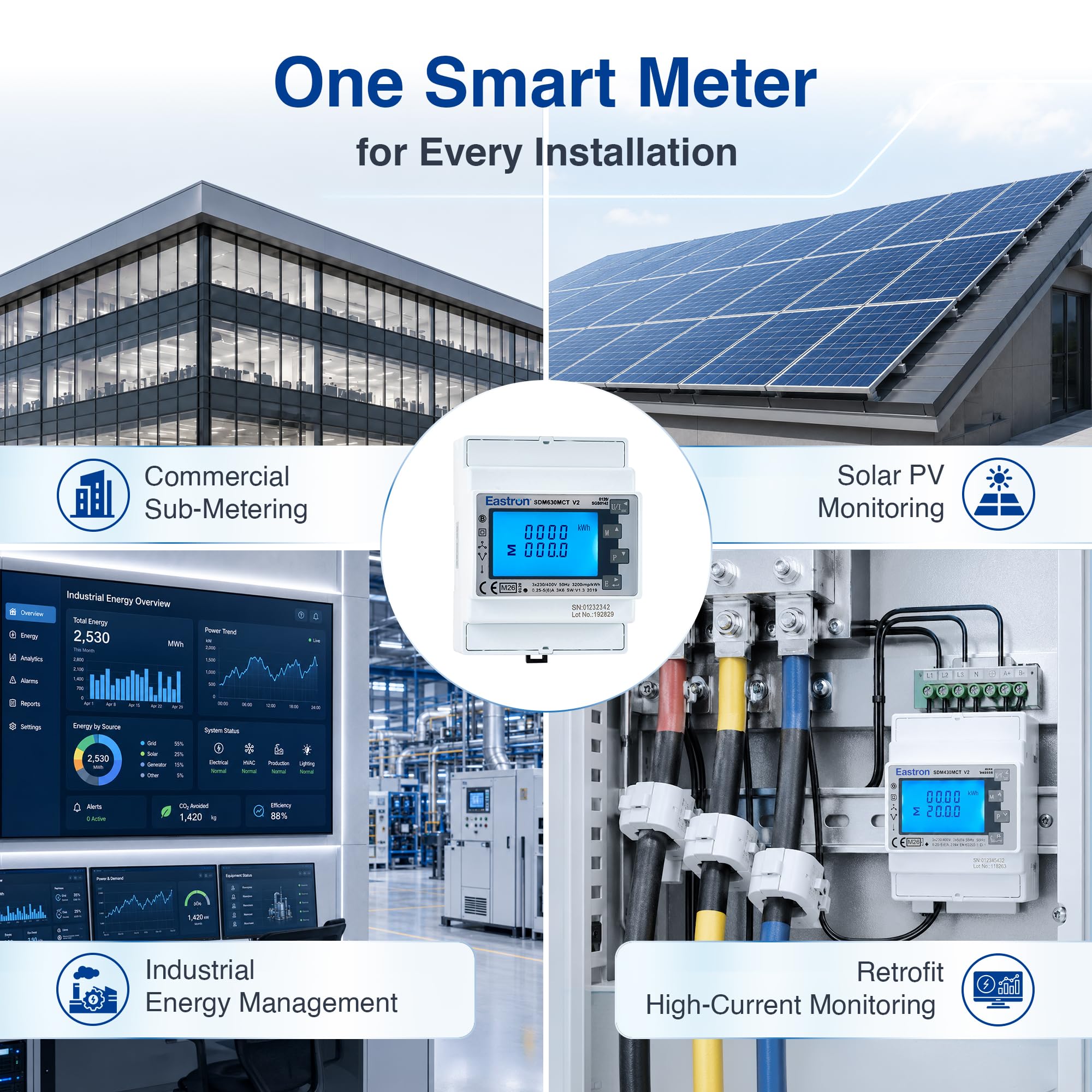 Medidor de electricidad Eastron SDM630MCT V2 - Modbus RS485 RTU Monofásico/trifásico - Medidor inteligente de riel DIN operado por CT, medidor de pulso,. MID/Calibrado