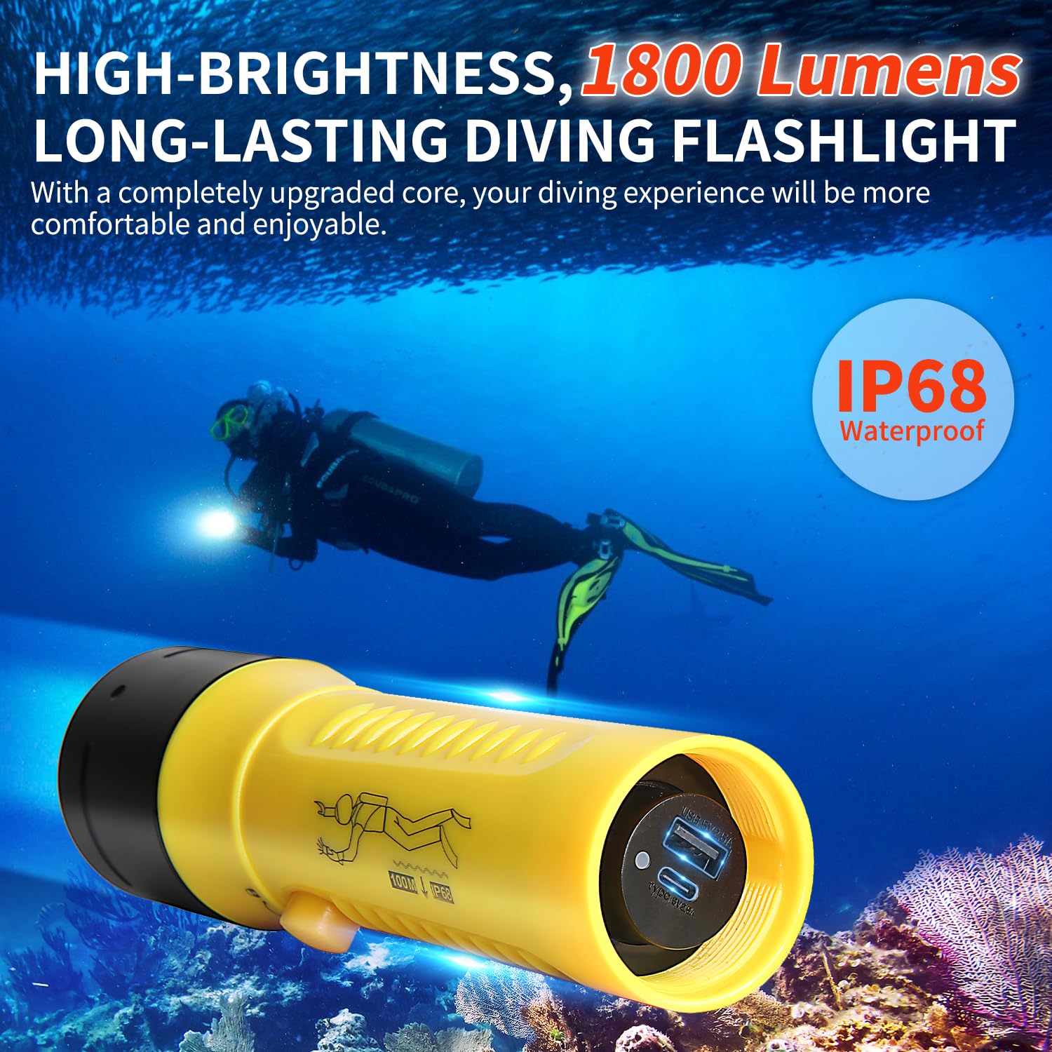 Torcia Subacquea 1800 Lumens IPX8 100m Ricaricabile 5500K Bianco