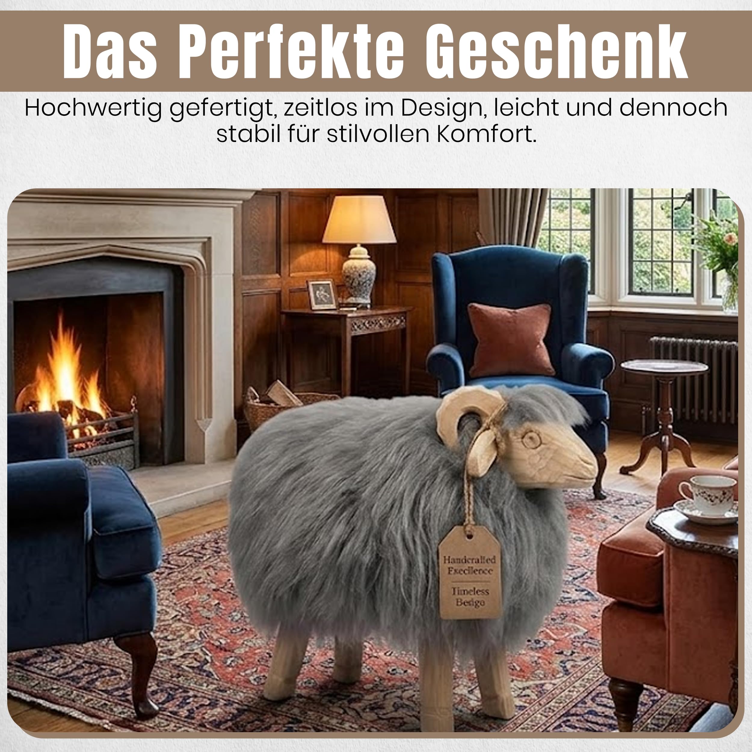 Schafhocker – Handgefertigtes Dekoelement, Körper aus Fichtenholz, Kopf und Geweih aus Lindenholz, nordische Skandi-Deko, einzigartige Geschenkidee, M, hellgrau