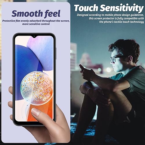 Miniatura 5 de Orzero - Protector de pantalla de vidrio templado compatible con Samsung Galaxy A14 5G, bordes de arco 2.5D, 9H, antiarañazos, de alta definición,