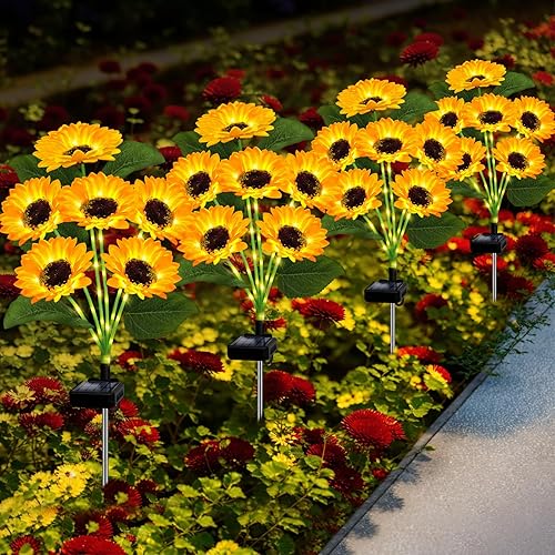 Solar Lights Outdoor Garden Decor,4 Pack with 24 Sunflower Lights,Solar