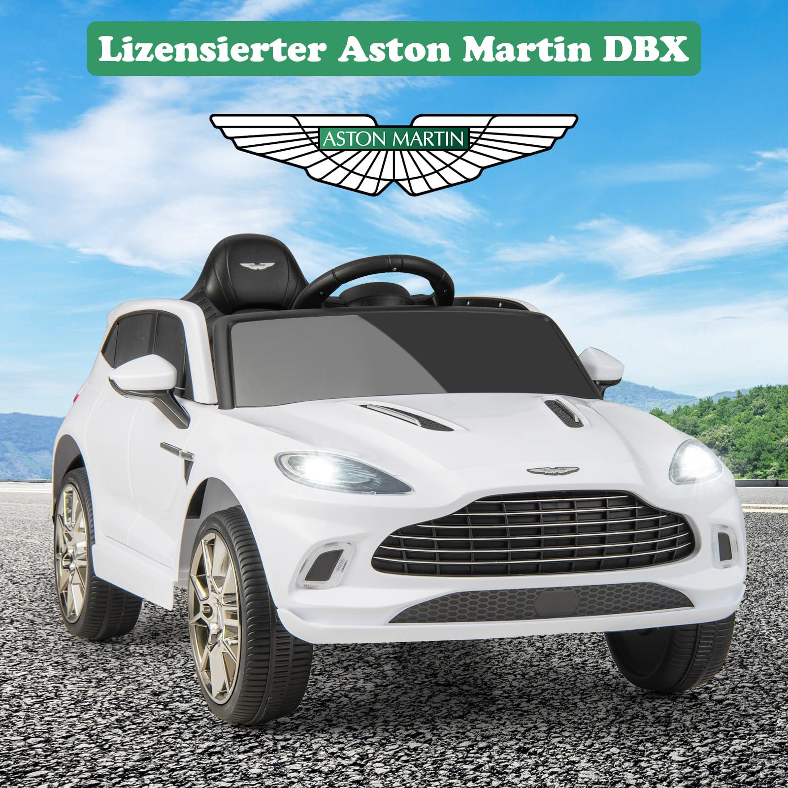 GOPLUS 12V Kinder Elektroauto Aston Martin DBX, Kinderfahrzeug mit Ferbedienung, Hupe, Musik, Schweinwerfer & Rücklicht, Kinderauto mit Slow-Start-Funktion für 3-8 Jahre alt (Weiß)