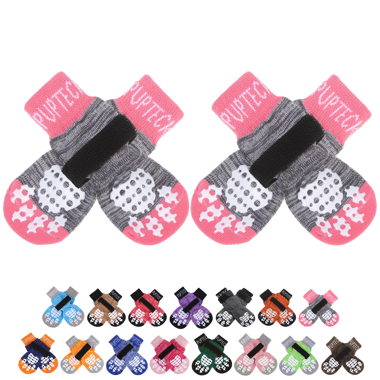 PUPTECK Anti-Slip Dog Socks with Double Sides Grips for Small Medium Large Dogs Hardwood Floors Prevents Licking, Dog Shoes for Hot Pavement Traction Control for Senior Dogs, Grey&Pink XL